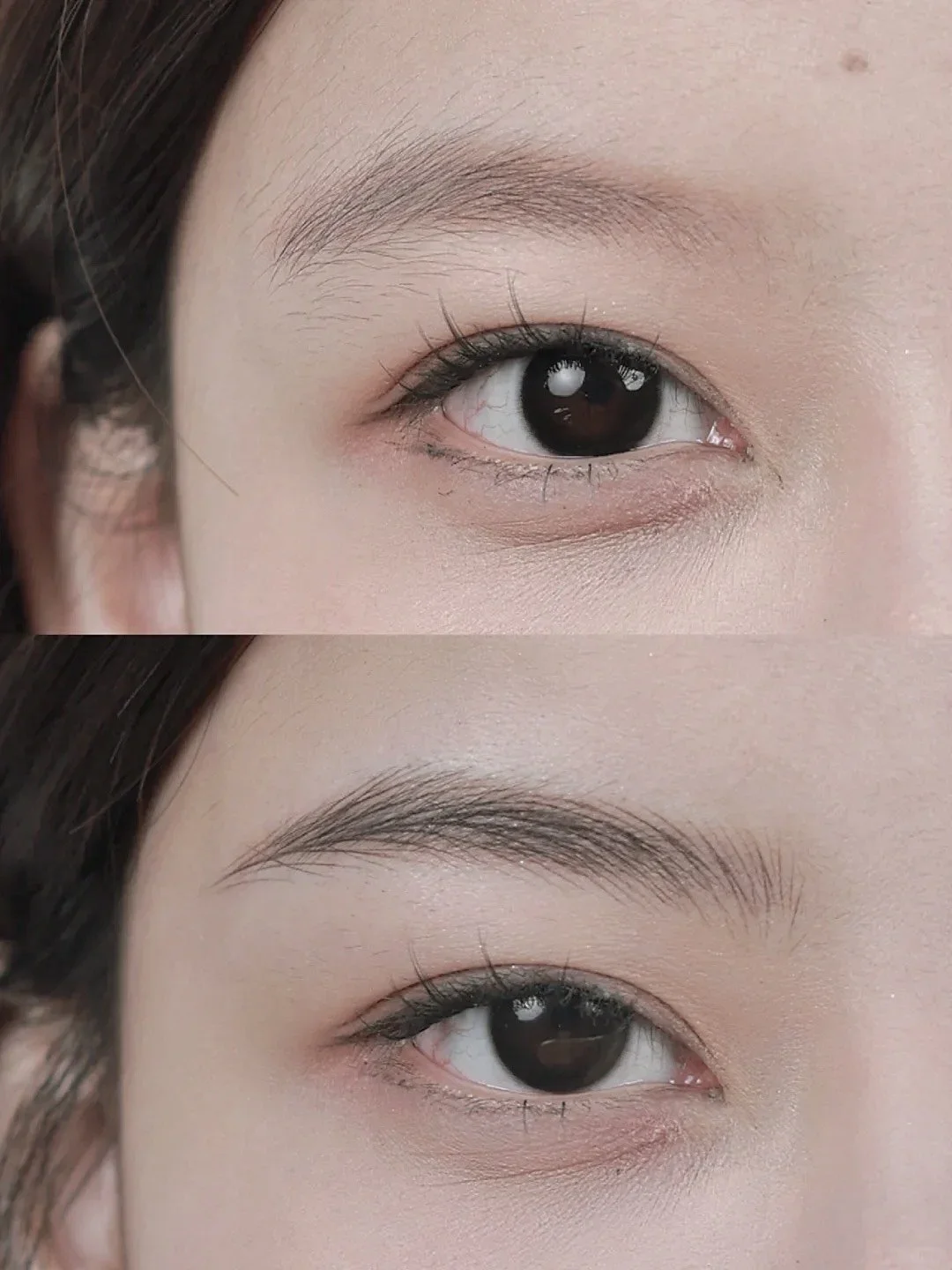 "Close-up of newly done nano brows – realistic hair strokes for fuller eyebrows."