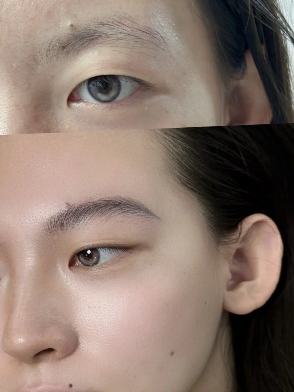"Healed nano hairstroke brows after 4 weeks – soft, natural-looking eyebrow enhancement."