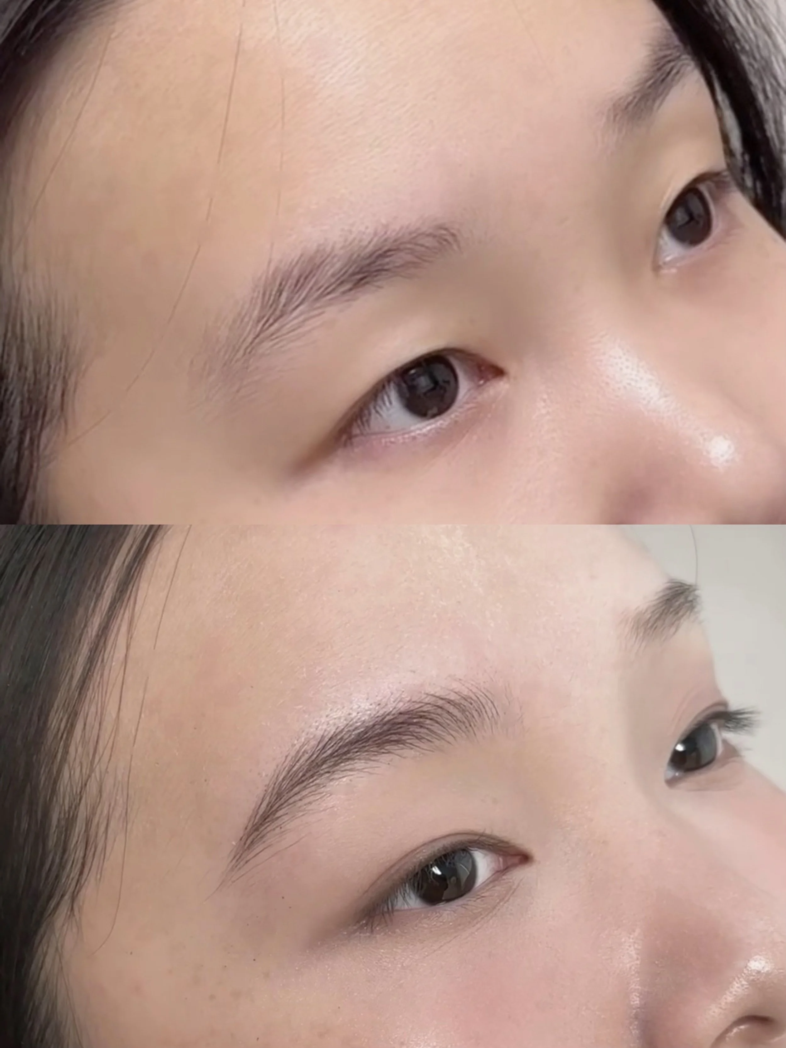 "Close-up of healed nano hairstroke brows – long-lasting, natural PMU results."