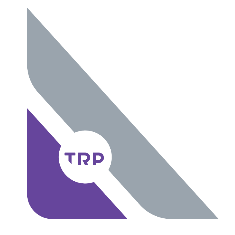 TRP logo with purple, black, and gray diagonal geometric shapes
