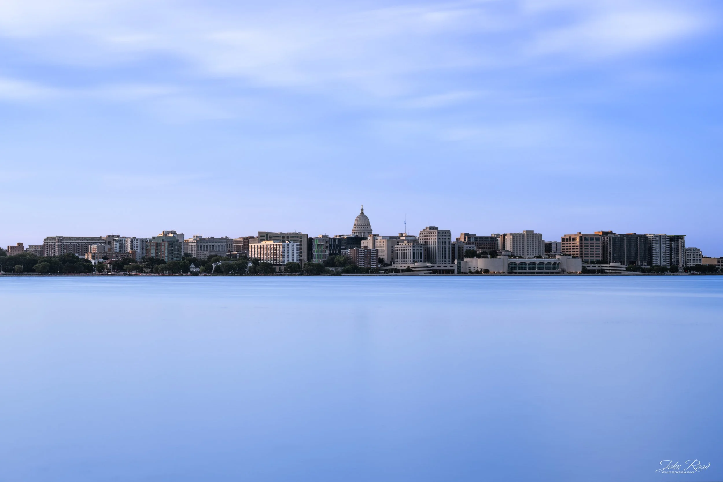 Long exposure of the Madison skyline and Wisconsin State Capitol across Lake Monona