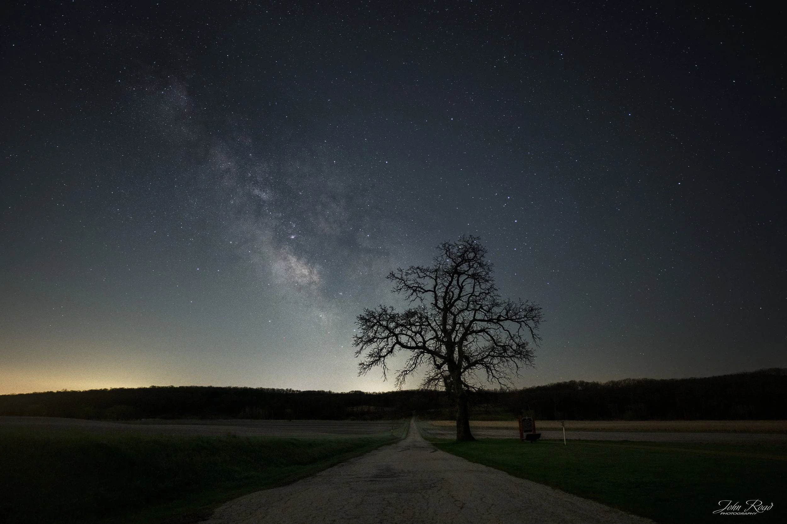 Milky Way over a rural road leading to a lone tree under a star-filled night sky