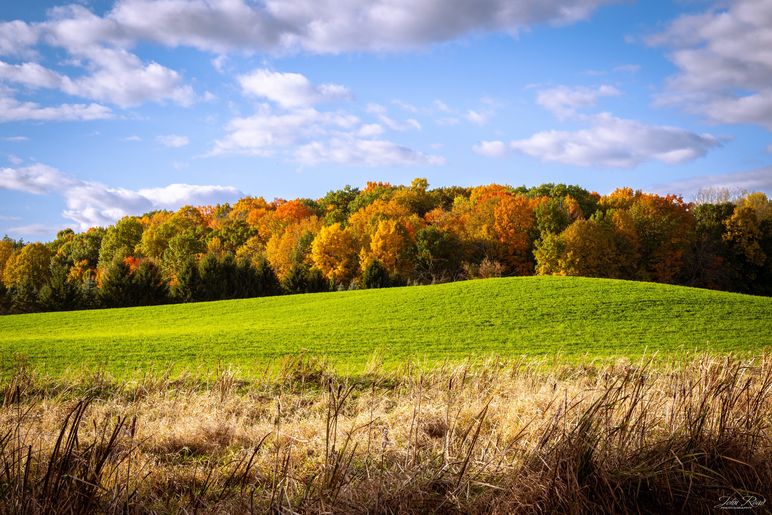 Green field and rolling hills framed by colorful autumn trees under a soft blue sky, photographed in Wisconsin by John Road.