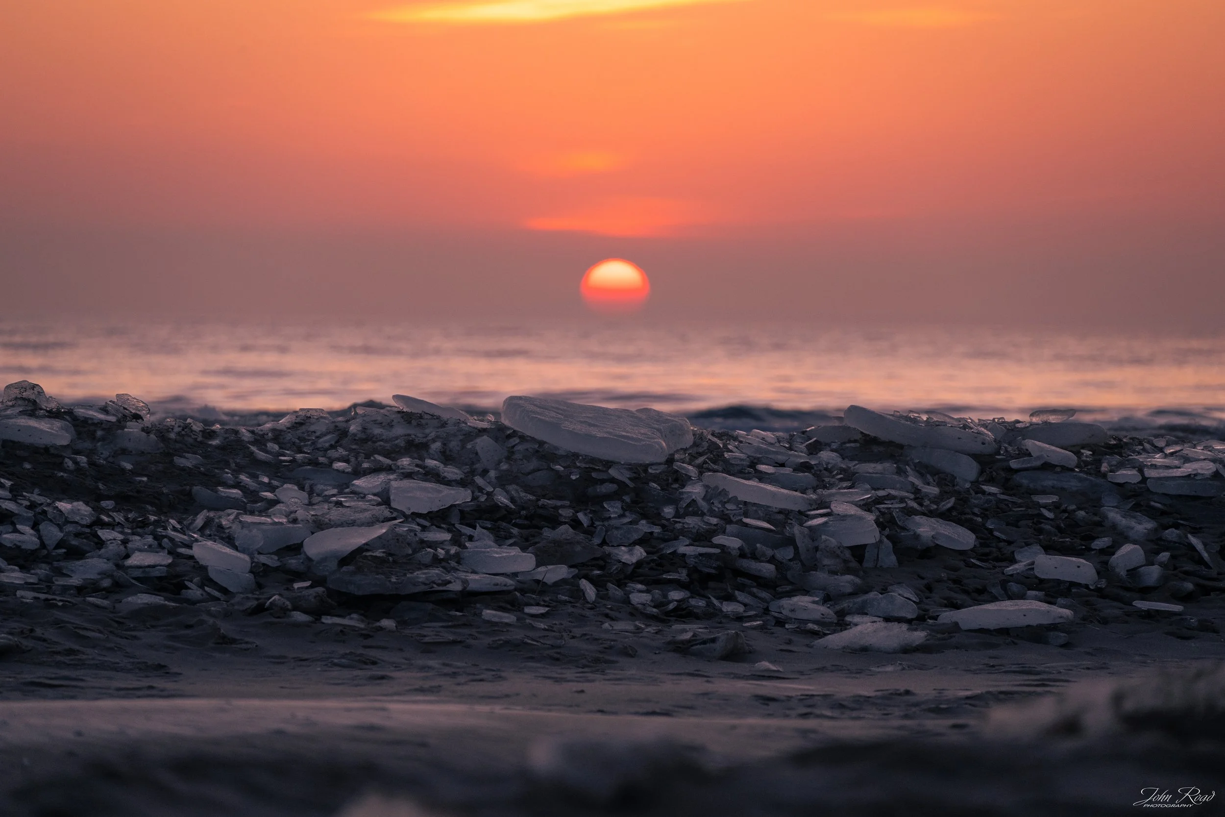 Icy Morning winter sunrise over frosted lake, detailed icy textures, photo by John Road, available as metal, canvas, and luster paper prints.