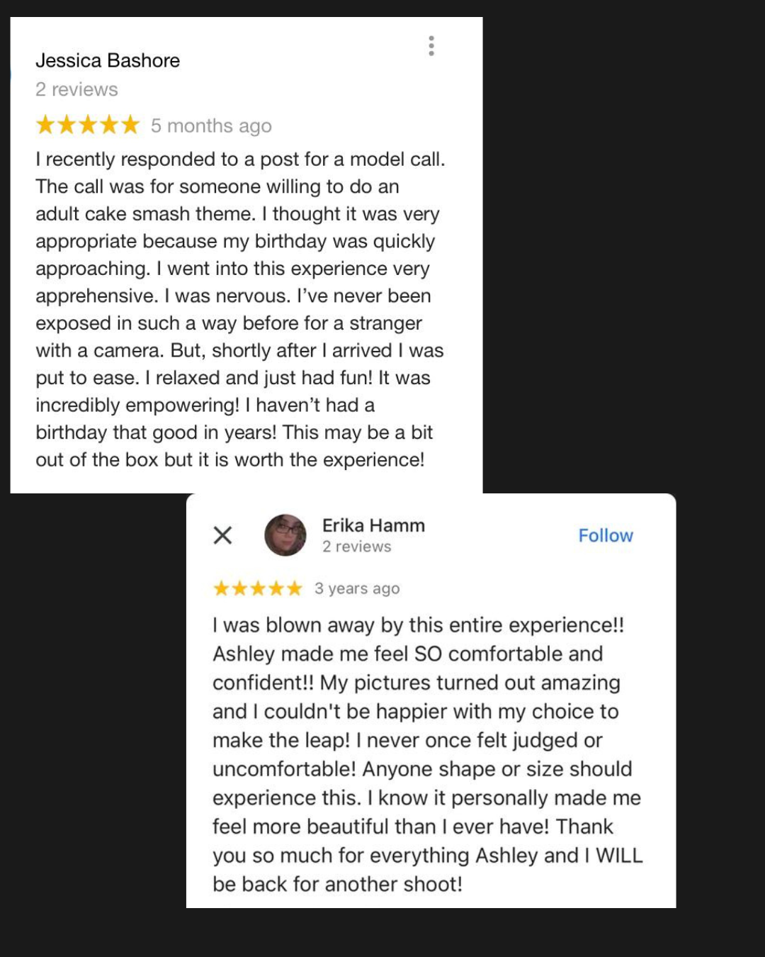 Screenshots of two positive online reviews for a photography or modeling experience, featuring comments about feeling comfortable, confident, and empowered during the photo shoot.