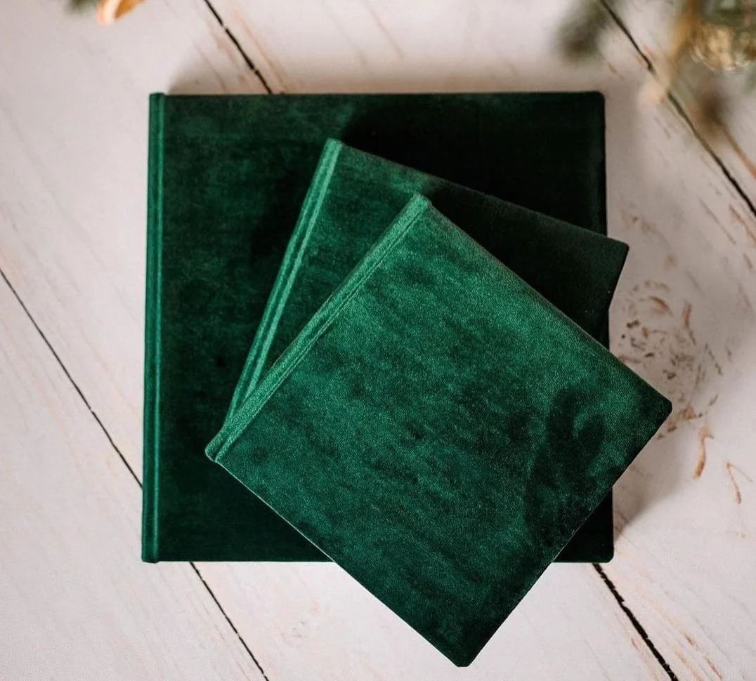 3 green velvet albums, 8x8 and 10x10