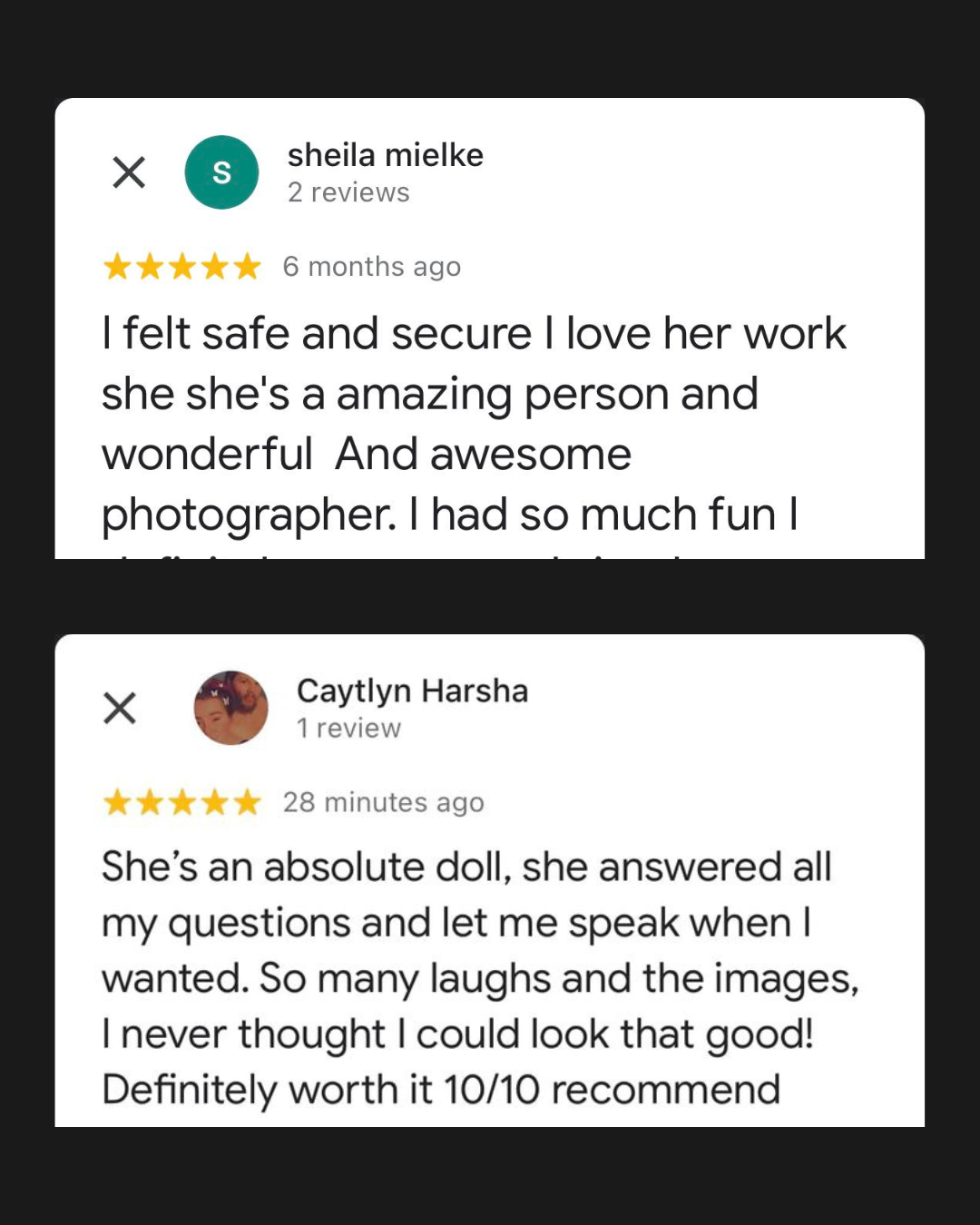 Screenshot of two online reviews praising a photographer named Sheila Mielke and her assistant Caytlyn Harsha, highlighting their professionalism, friendliness, and high-quality photos.