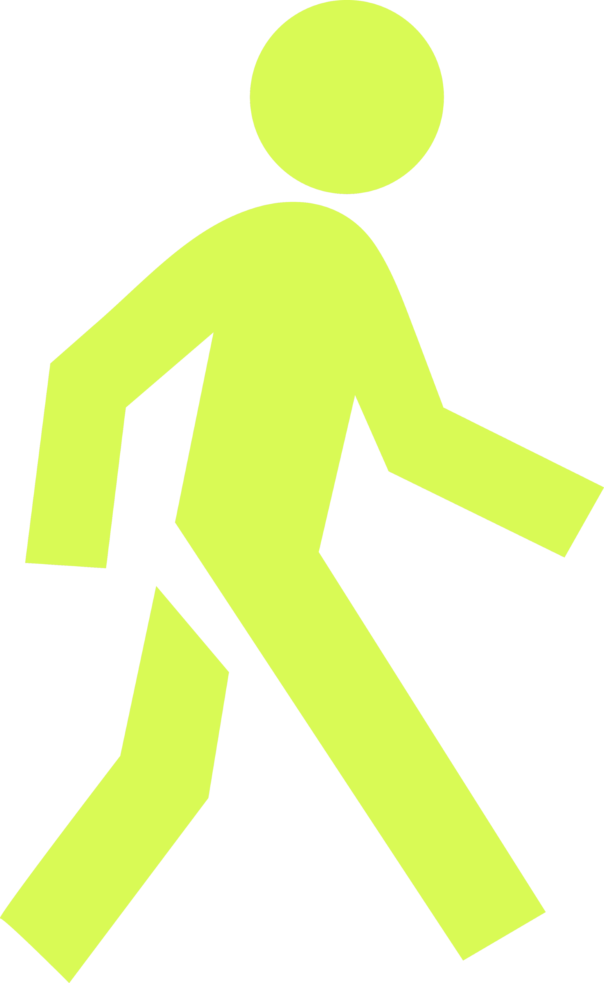 A neon green pedestrian crossing sign with a walking person symbol on a black background.