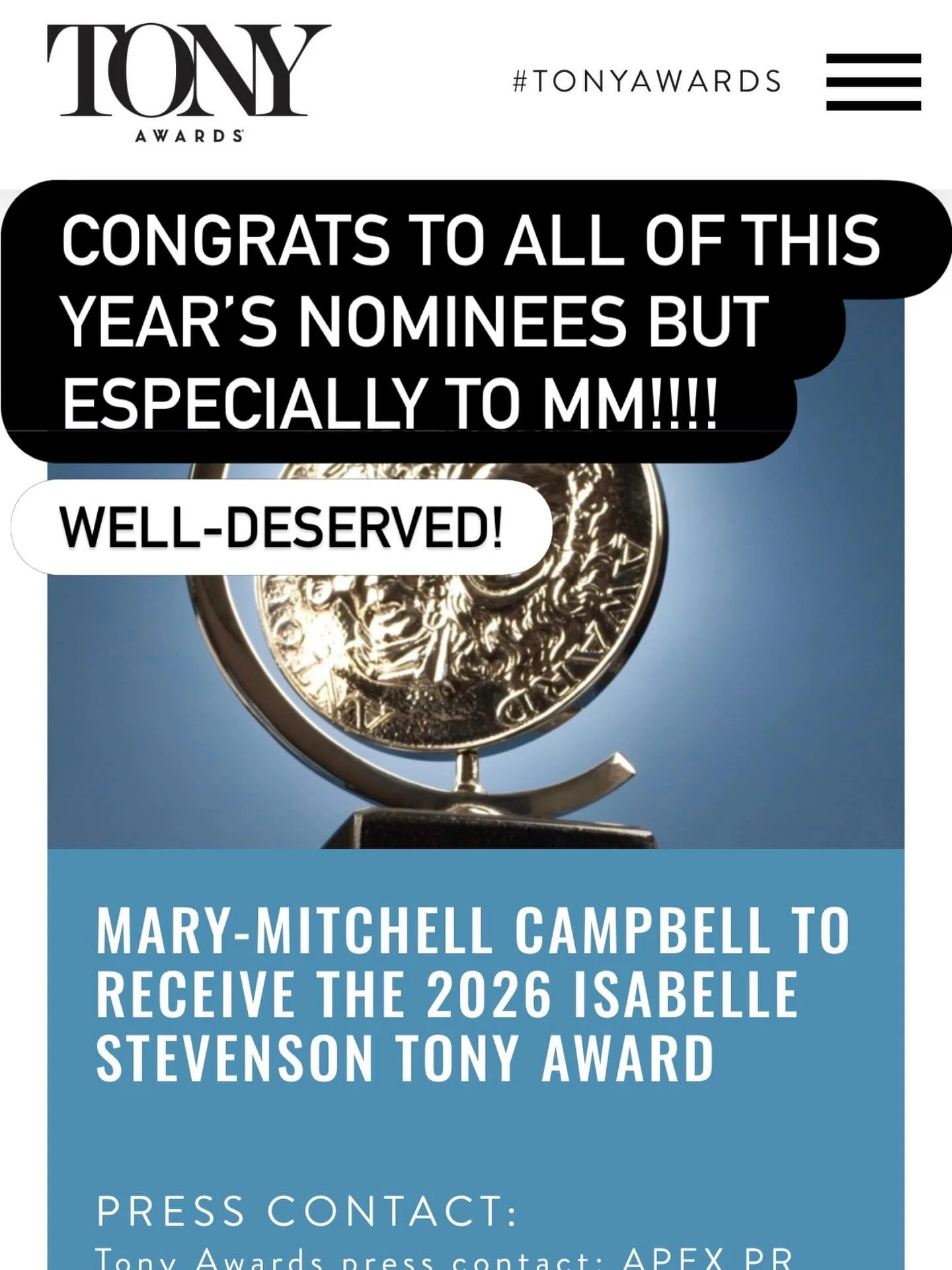 Agreed with lots of today&rsquo;s nominee names and felt some were missing too&hellip;but this one is RIGHT ON THE MONEY!!! Congrats to one of the most amazing humans I know! Can&rsquo;t wait for June 7! #tonyawards