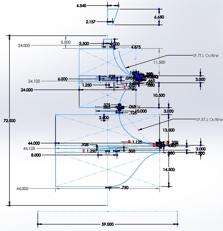 RMS Skeleton with dimensions. 
Note the "SP.TT.L Outline" and "SP.BT.L Outline" calllouts, which were the reflections of their corresponding lower Spinning outline. The vendor made a mold of the larger profile, made two aluminum Spinnings, then cut d