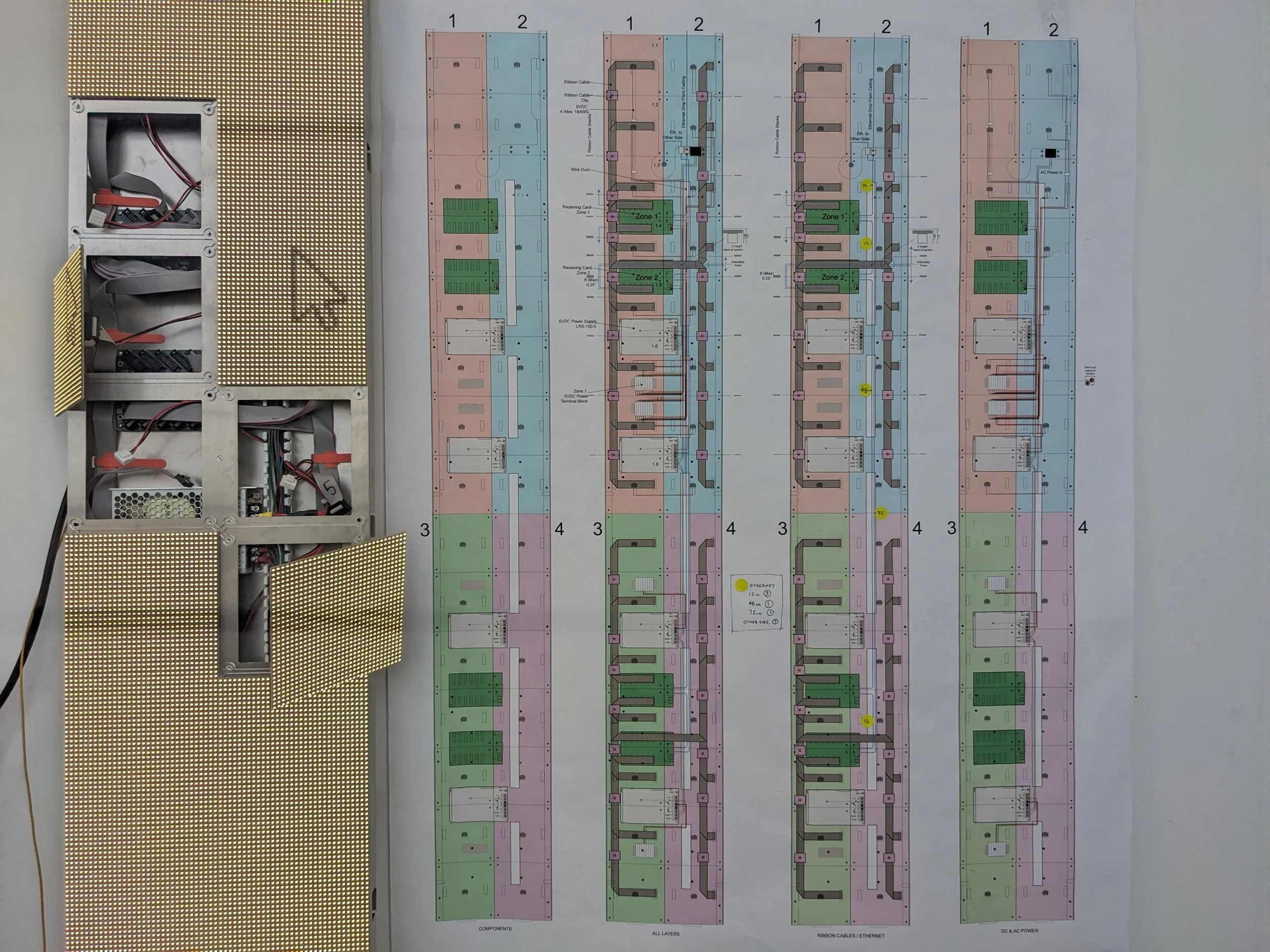 Completed Assembly (with some Tiles removed to reveal wiring underneath) juxtaposed against original wiring diagram. 