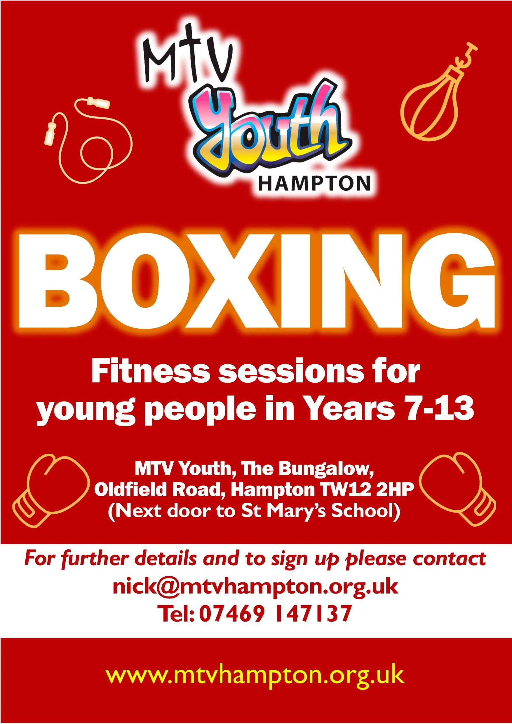 Poster for MTV Youth Hampton boxing fitness sessions for young people ages 7-13, with contact details and location information.