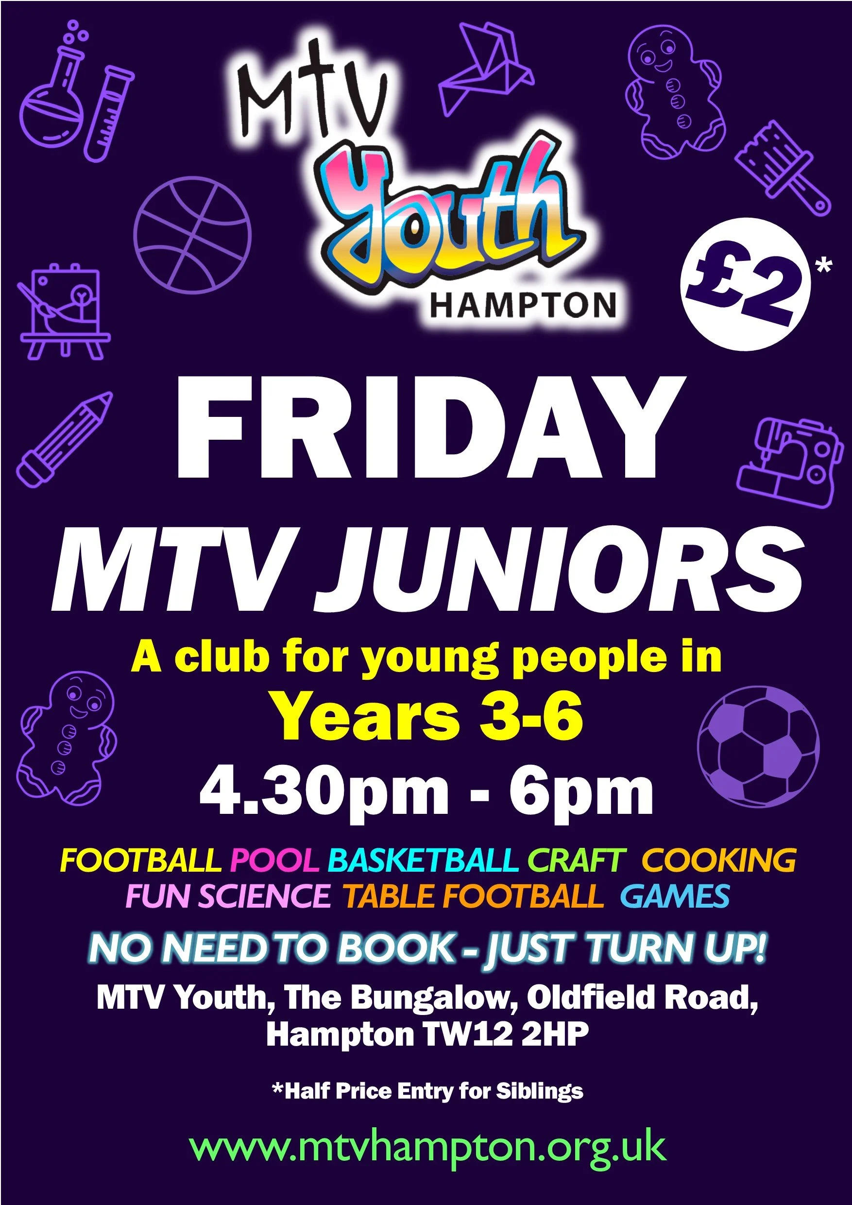 A colorful flyer for MTV Youth Hampton, advertising a Friday club for children aged 3-6, with activities like football, pool, basketball, craft, cooking, science, and games, held from 4:30 pm to 6 pm at MTV Youth in Hampton, with a £2 entry fee and half-price for siblings.