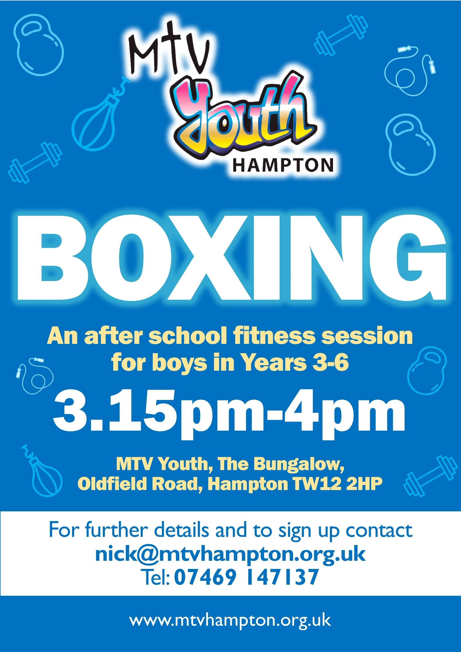 Poster advertising MTV Youth Boys' Boxing event on Thursday from 3:15pm to 4pm at MTV Youth, The Bungalow, Oldfield Road, Hampton. The event is an after school fitness session for boys in Years 3-6, costing £5, with 13 sessions for £65 during autumn term. Contact details and website at the bottom.