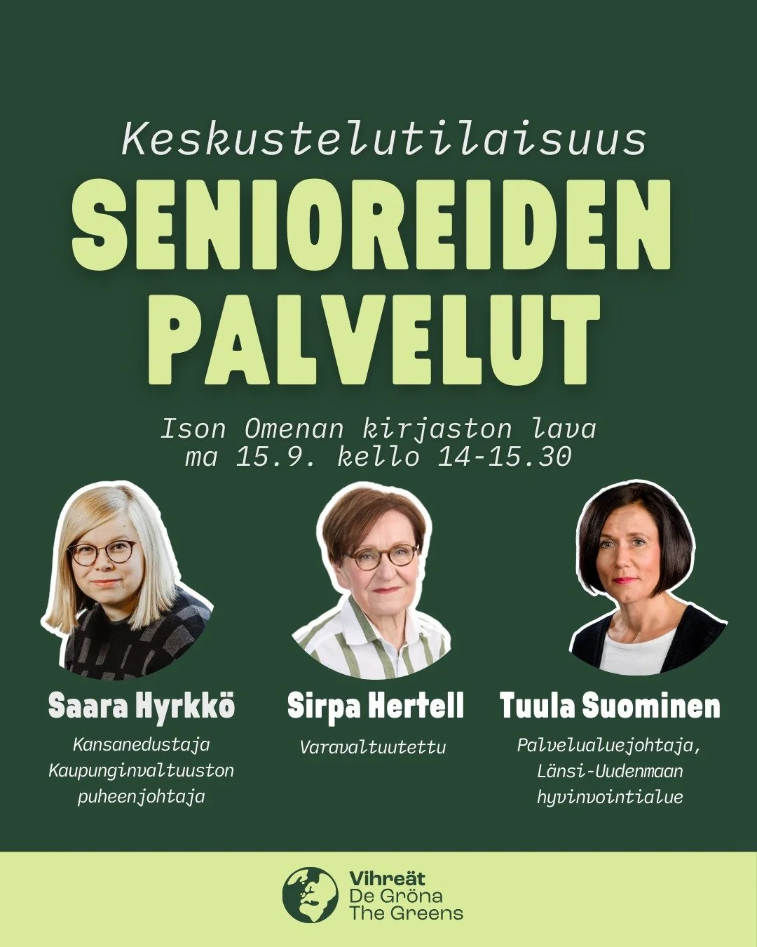 Mill&auml; tolalla ovat senioreiden palvelut L&auml;nsi-Uudellamaalla ja Espoossa? Millaisia vaikutuksia hallituksen politiikalla on palveluiden saatavuuteen? Mit&auml; voisimme tehd&auml;, jotta kaikki saisivat tarvitsemaansa apua?

Tervetuloa kesku