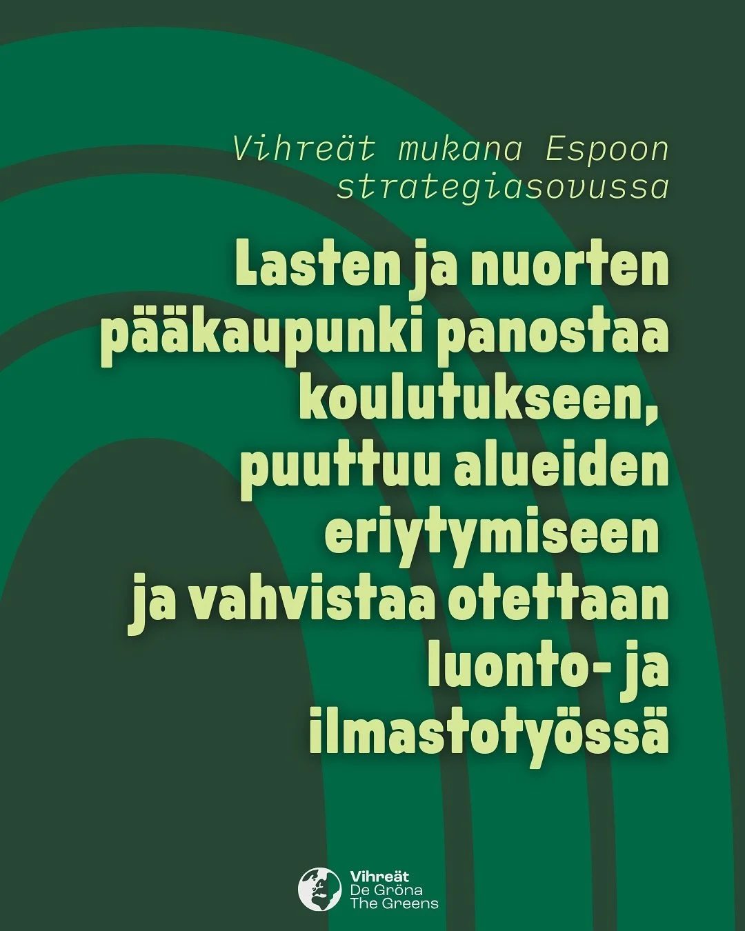 Vihre&auml;t Espoon strategiasovusta: Lasten ja nuorten p&auml;&auml;kaupunki panostaa koulutukseen, puuttuu alueiden eriytymiseen ja vahvistaa otettaan luonto- ja ilmastoty&ouml;ss&auml;

Espoon valtuustoryhm&auml;t ovat p&auml;&auml;sseet sopuun ka