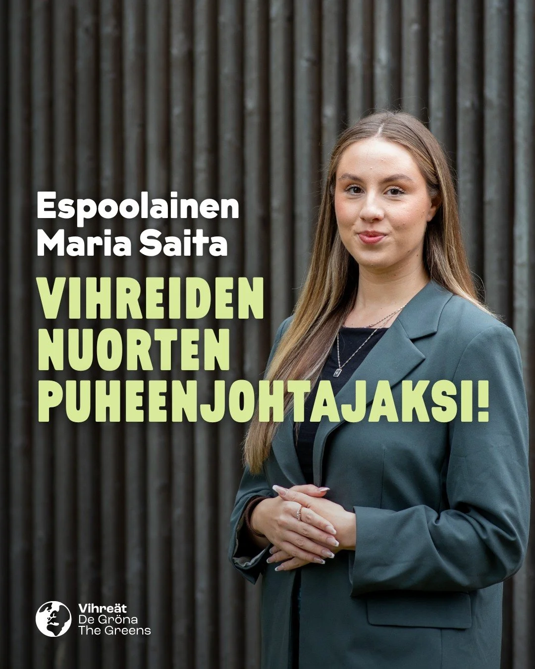 Espoolainen Maria Saita on valittu Vihreiden nuorten ja opiskelijoiden liiton puheenjohtajaksi vuosille 2026-2027 🎉 🎉🎉

Maria toimii Espoossa kaupunginvaltuutettuna sek&auml; ymp&auml;rist&ouml;- ja rakennuslautakunnan puheenjohtajana. Edellisen v