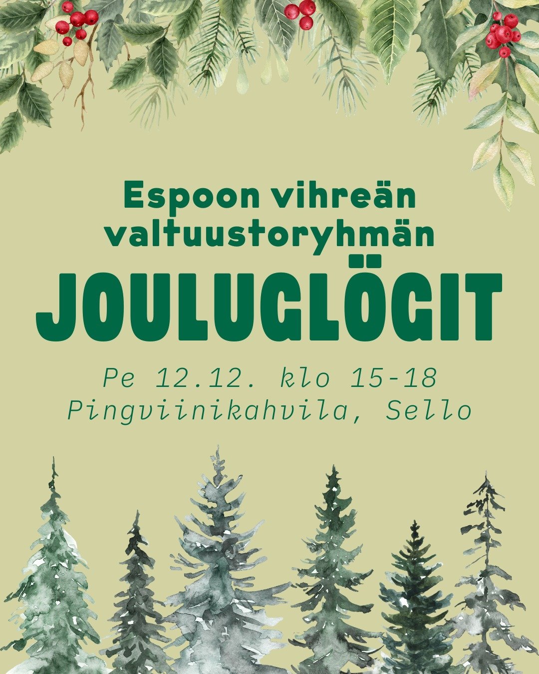 Espoon vihre&auml; valtuustoryhm&auml; j&auml;rjest&auml;&auml; perinteiset joulugl&ouml;git perjantaina 12. joulukuuta Sellon Pingviinikahvilassa. Tervetuloa tapaamaan meid&auml;n p&auml;&auml;tt&auml;ji&auml; ja keskustelemaan ajankohtaisista asioi