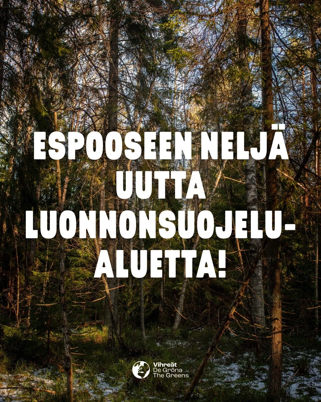 Espooseen perustetaan 4 uutta luonnonsuojelualuetta! Alueet ovat Massk&auml;rrin, Kuusikodin, Ruukinrannan ja Linholminluotojen luonnonsuojelualueet. 

&ldquo;Vihreiden pitk&auml;aikainen ty&ouml; tuottaa tulosta. Olemme todella iloisia, ett&auml; ka