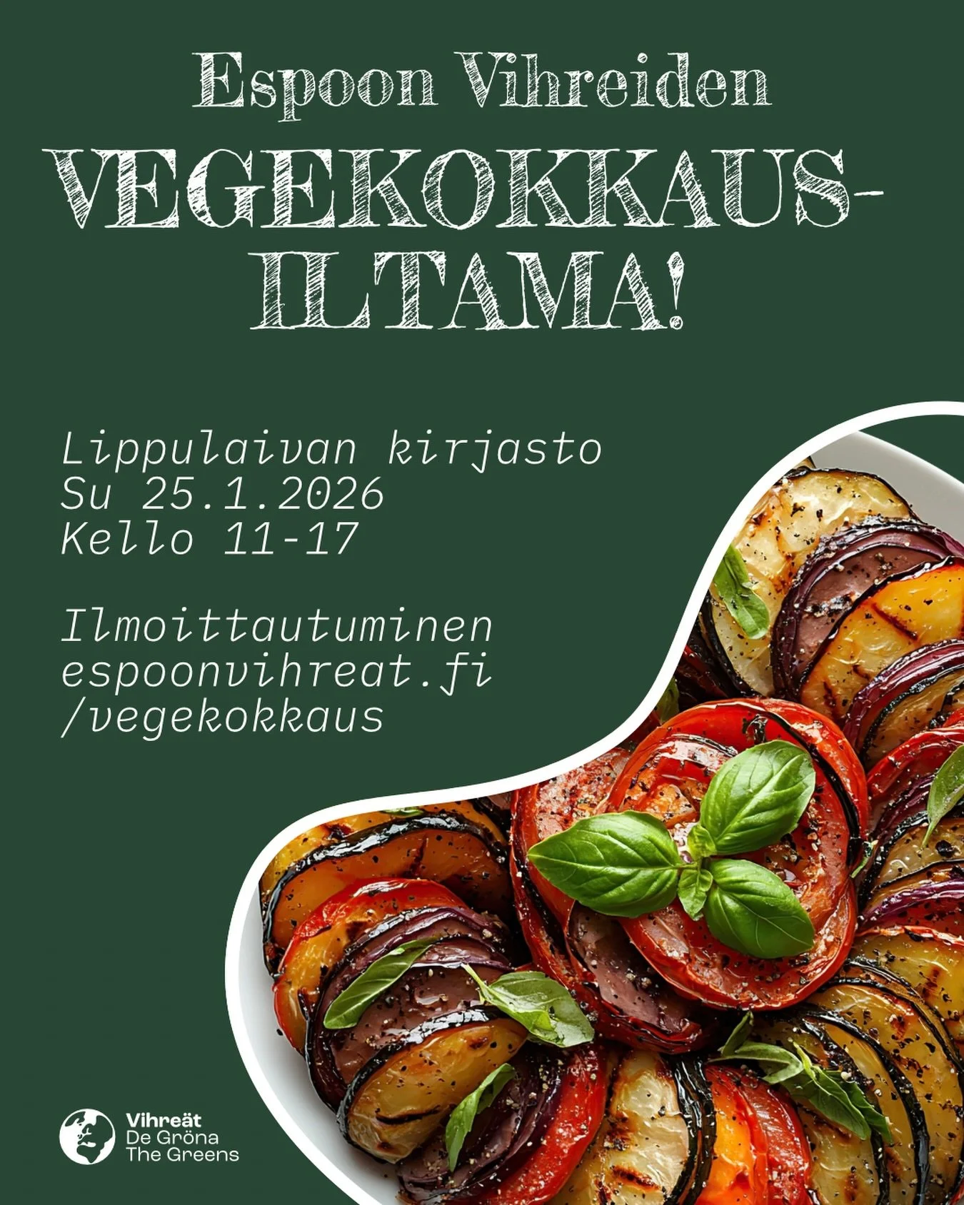 Kiinnostaisiko sinua oppia kokkaamaan kasvisruokaa? Oletko osallistumassa vegaanihaasteeseen, mutta kaipaisit lis&auml;&auml; inspiraatiota? Siin&auml; tapauksessa tervetuloa Espoon Vihreiden j&auml;rjest&auml;m&auml;&auml;n vegekokkausiltamaan sunnu