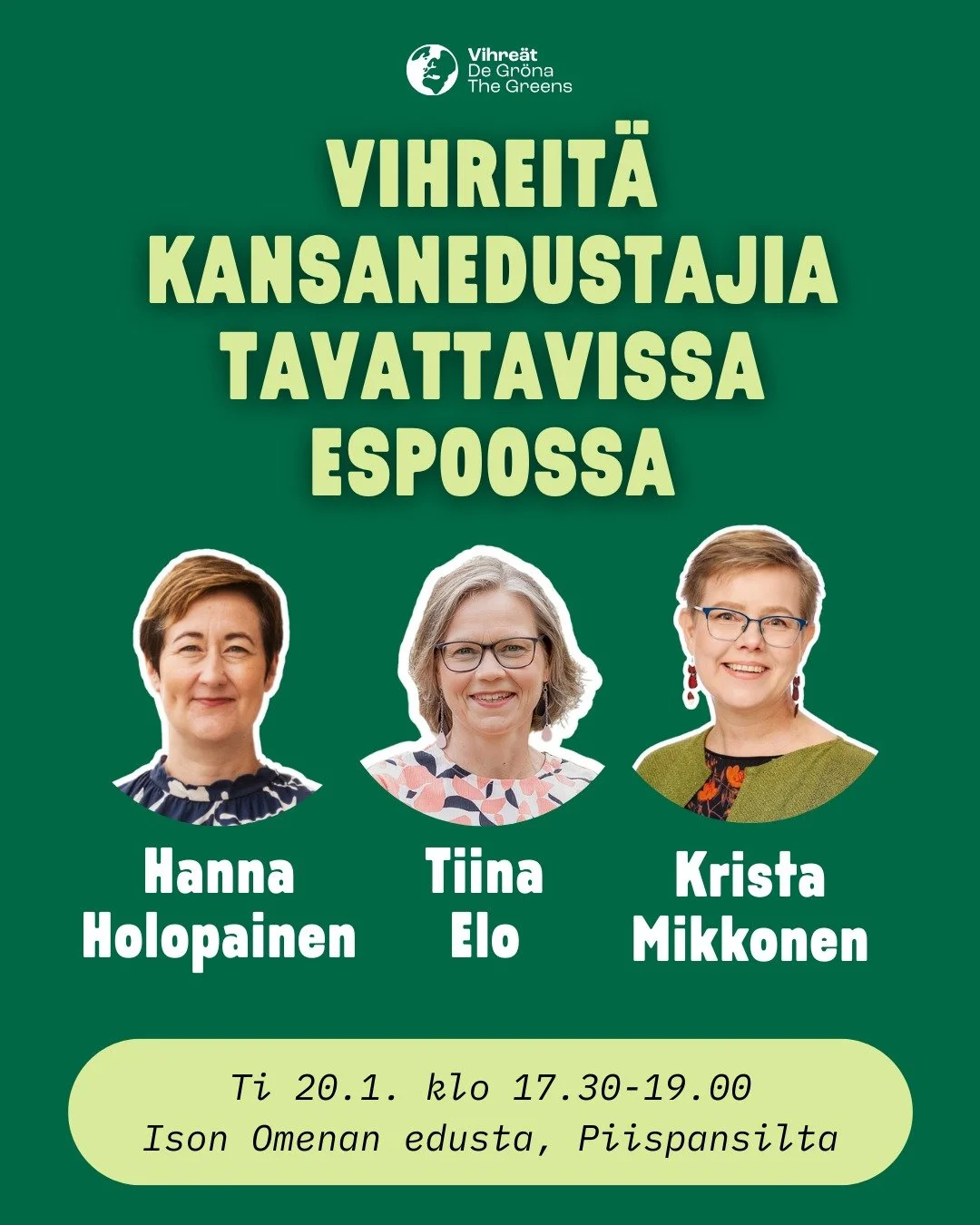 Tervetuloa tapaamaan vihreit&auml; kansanedustajia ja keskustelemaan ajankohtaisista aiheista ensi tiistaina! Tarjolla l&auml;mmint&auml; mehua 💚

Mukana ovat kansanedustajat @tiinaelo , @hanna_holopainen ja @mikkonenkrista 

Aika: Tiistai 20.1. kel