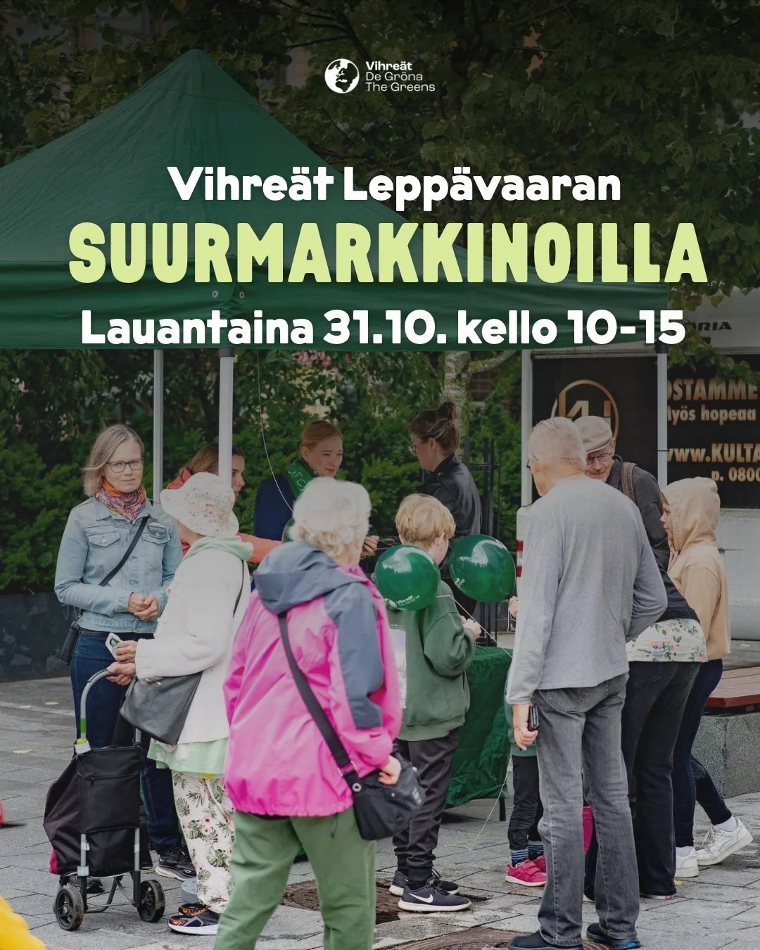 Tervetuloa lauantaina Lepp&auml;vaaran suurmarkkinoille tapamaan vihreit&auml; valtuutettuja ja eduskuntavaaliehdokkaita kello 10-15!