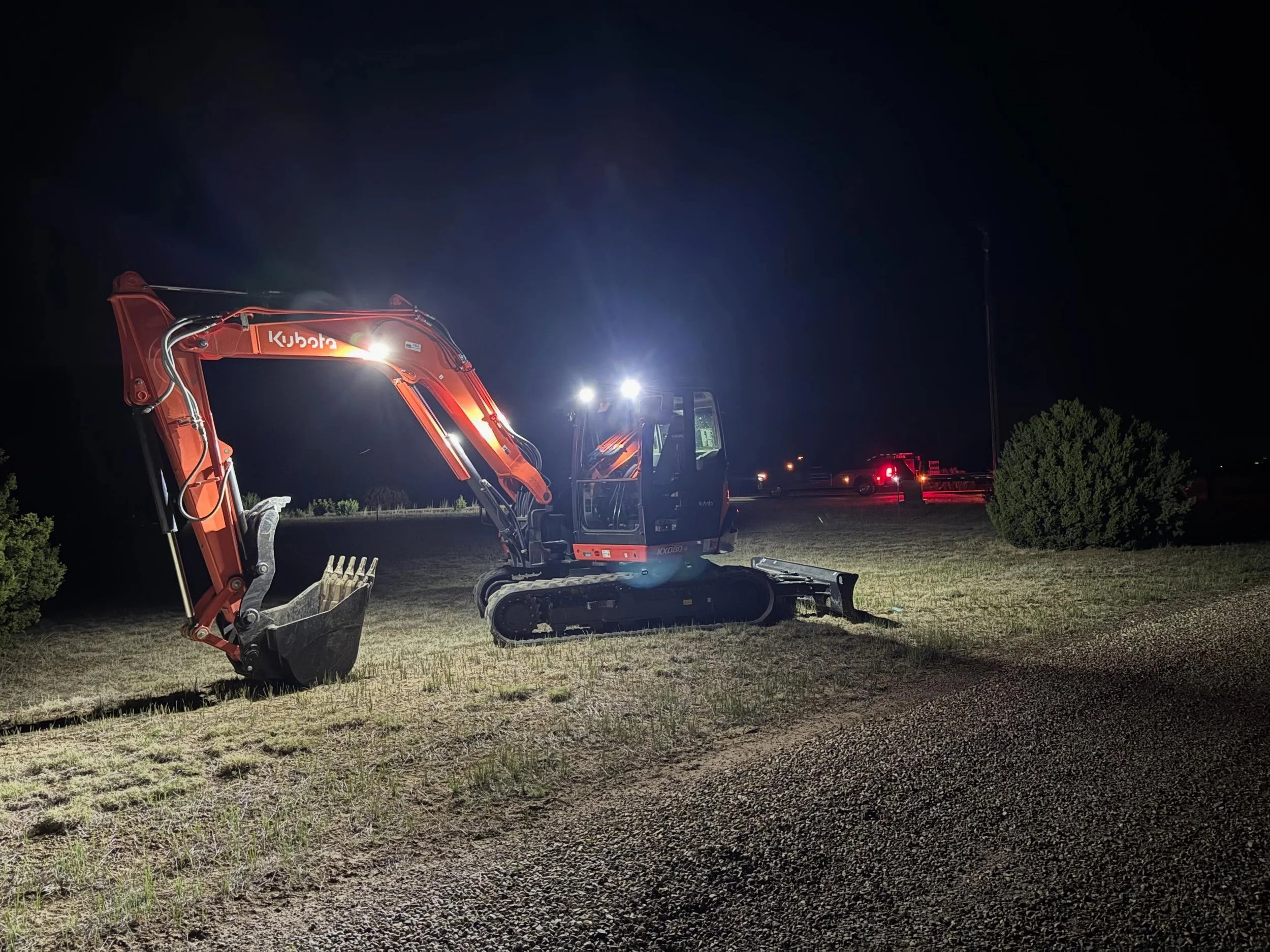 Late night kings.. yet again! Last night your favorite, and hardest working, rental team orchestrated the delivery of multiple pieces of iron all across the state. Here we delivered our brand new Kubota KX080-5 (20,000lbs) excavator over 3 hours sout