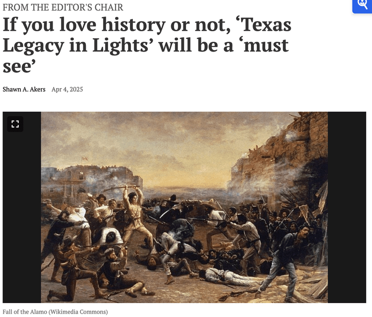 Newspaper article featuring a historical painting depicting the Fall of the Alamo battle.