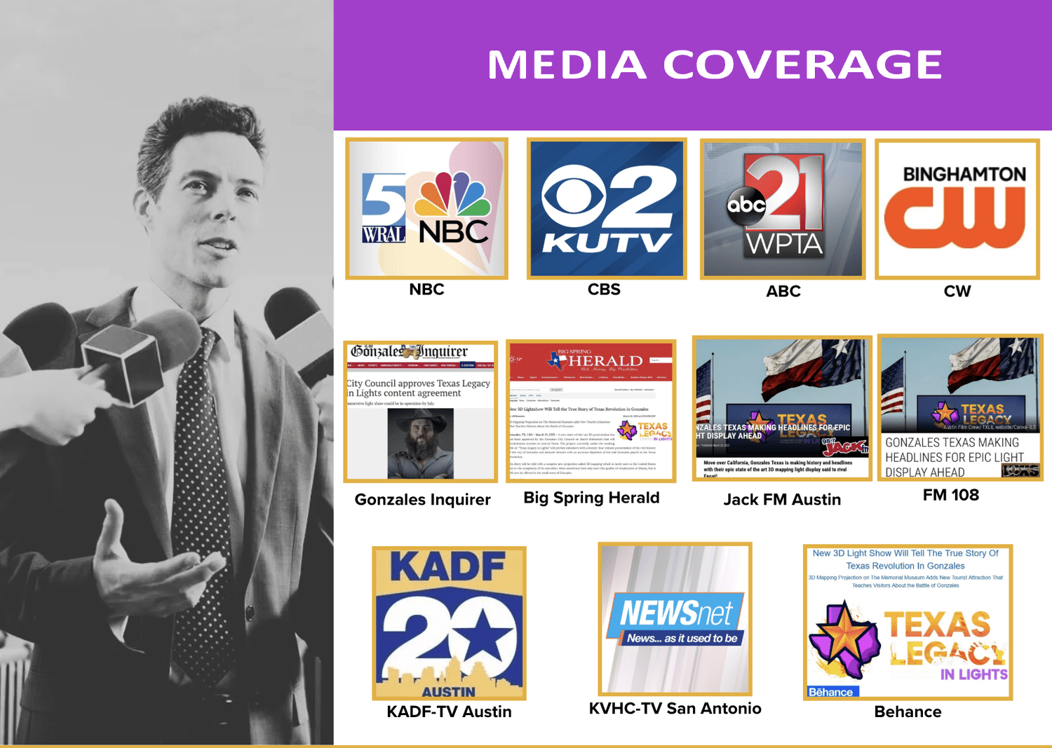 Collage showing media coverage from various outlets including NBC, CBS, ABC, CW, Gonzales Inquirer, Big Spring Herald, Jack FM Austin, FM 108, KADF-TV Austin, KVHC-TV San Antonio, and Behance. A black-and-white image of a man speaking to microphones is on the left, and the title "Media Coverage" is at the top.