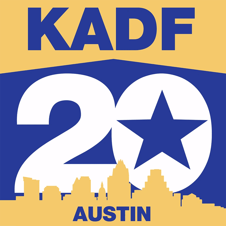KADF 20 Austin logo featuring a blue star inside the number 20, with Austin skyline silhouette at the bottom.