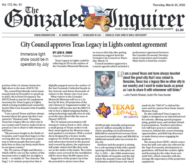 Front page of 'The Gonzales Inquirer' dated March 20, 2025, featuring an article about the approval of the Texas Legacy in Lights content agreement, an upcoming immersive light show in Gonzales, Texas.