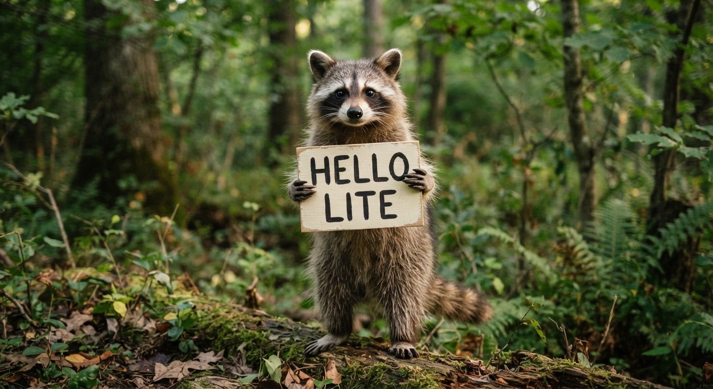 A raccoon holding a sign that says "Hello Lite," generated by Nano Banana 2 Lite as the end-to-end test for this update