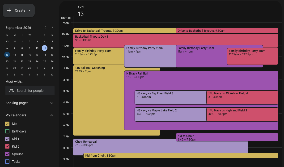 Google Calendar day view for Sunday September 13 with four color-coded people and sixteen overlapping blocks