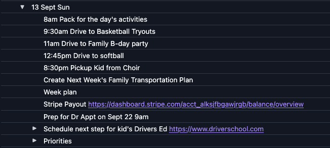 BartBot Dailys list with the 13 Sept Sun node expanded showing about a dozen items