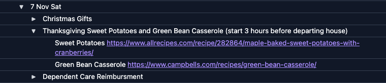 The 7 Nov Sat node expanded to the Thanksgiving line and the two recipe links nested under it