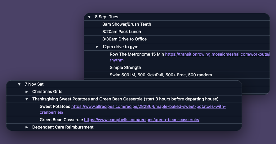 Two days from a BartBot Dailys list. In front, 7 Nov Sat with Thanksgiving Sweet Potatoes and Green Bean Casserole (start 3 hours before departing house) opened to two recipe links. Behind it, 8 Sept Tues with 12pm drive to gym opened to a workout.