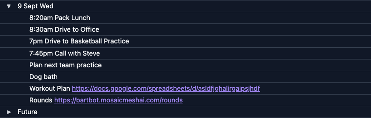 The 9 Sept Wed node expanded to eight lines, including Plan next team practice