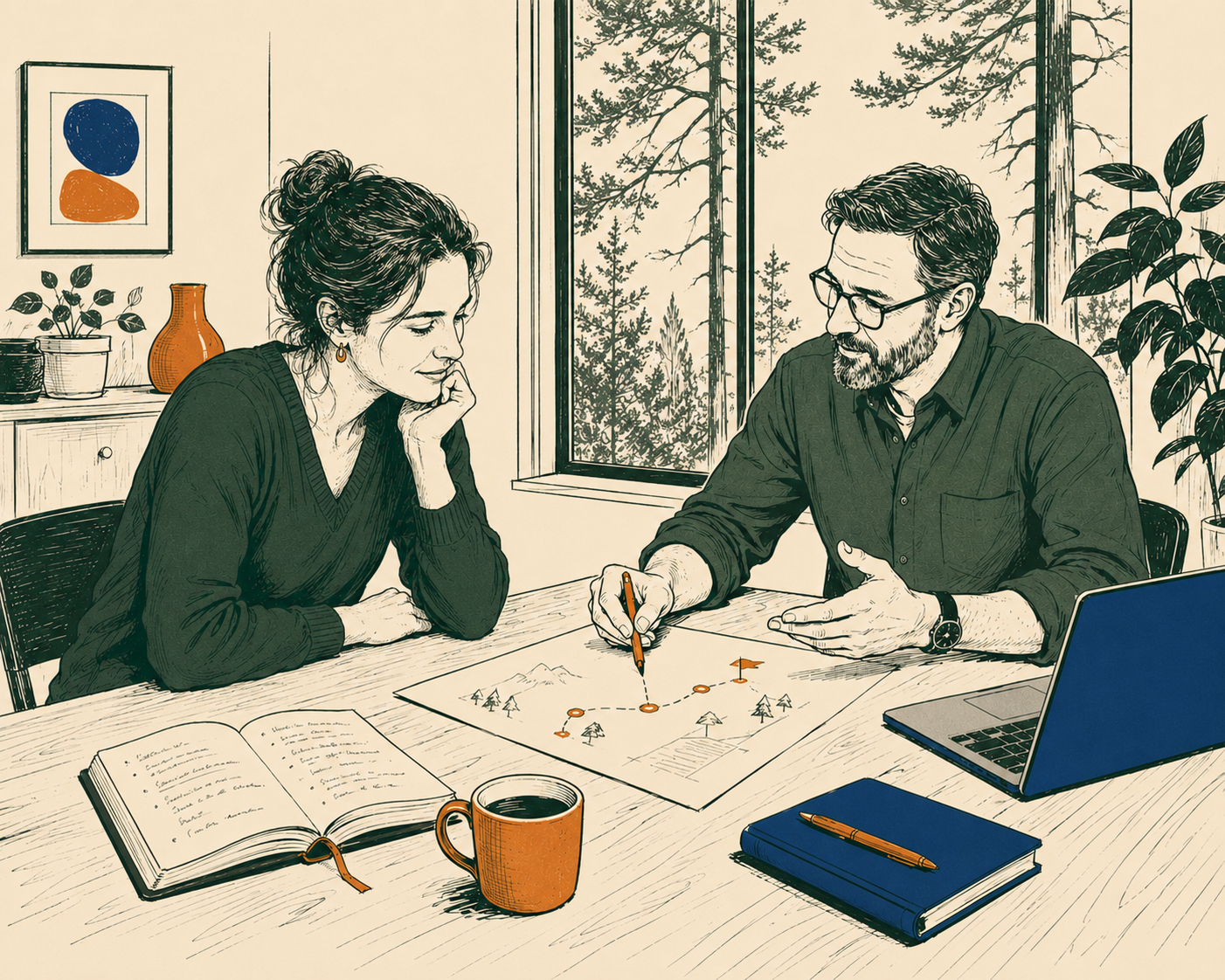 A man and woman sit at a wooden table by a window, engaged in a strategic planning. The woman rests her chin on her hand, while the man points to the map with a pen. The table has a laptop, a notebook, a cup of coffee, and an open notebook. Potted plants and framed artwork are in the background, with a forest view outside the window.