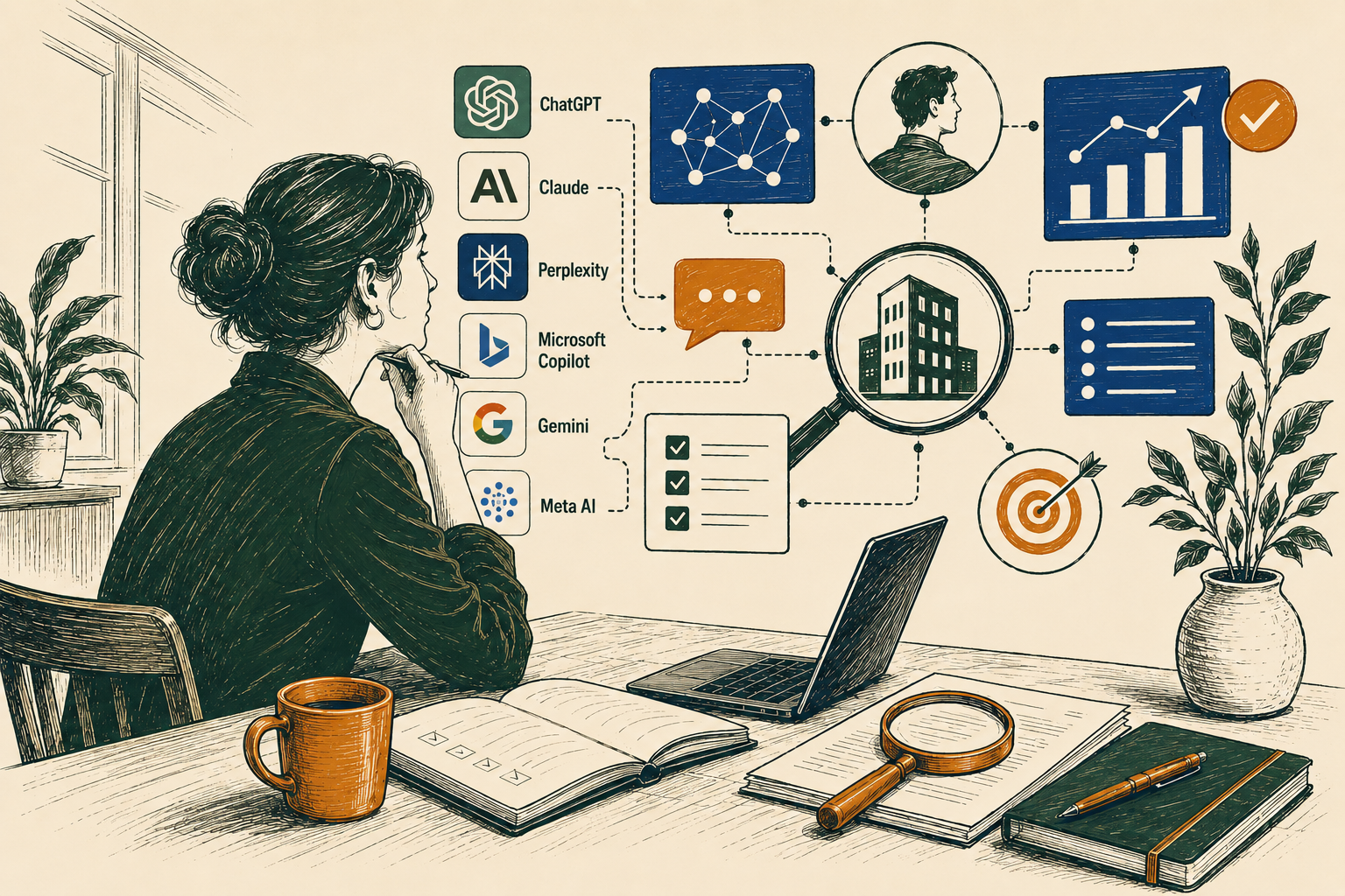 Illustration of a woman thinking about AI visibility for her business. AI tools and data analysis, including icons for ChatGPT, AI, Perplexity, Microsoft Copilot, Gemini, and Meta AI, connecting to data visualization, are present.