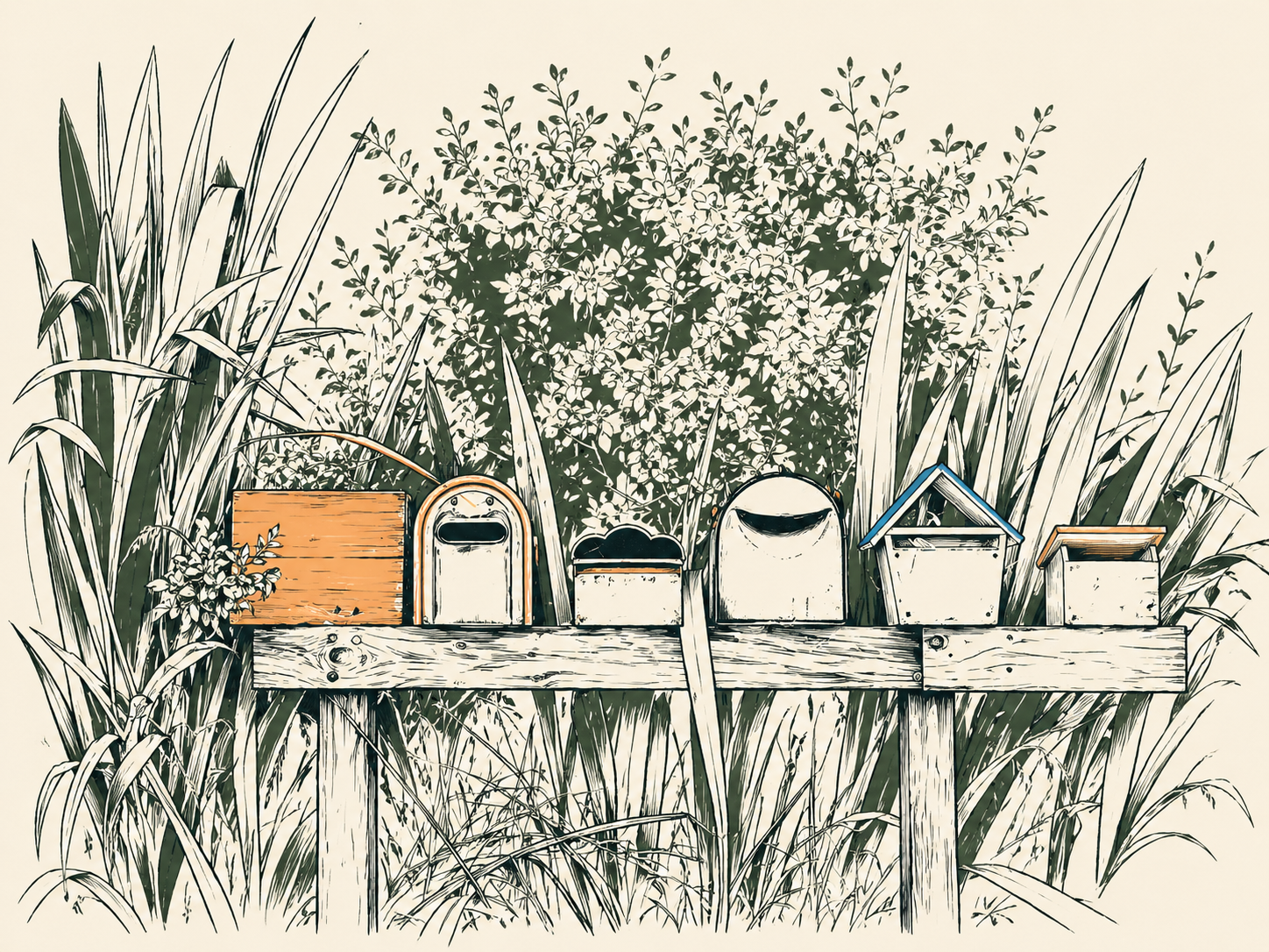 A row of six different colorful mailboxes on a wooden fence with tall grass and bushes behind.