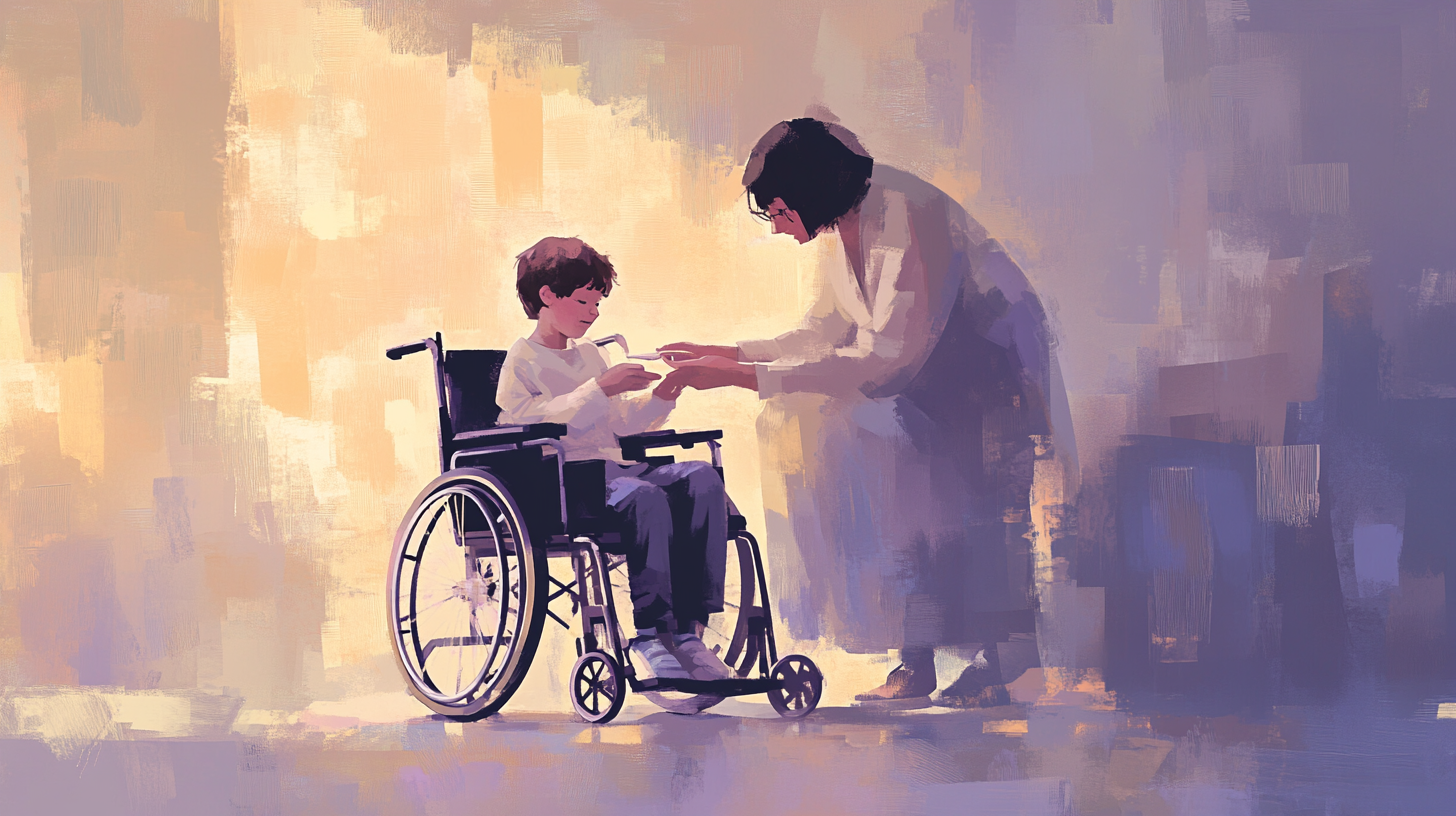 Painting of a child in a wheelchair with an adult handing him a paper airplane in a softly lit, abstract setting.