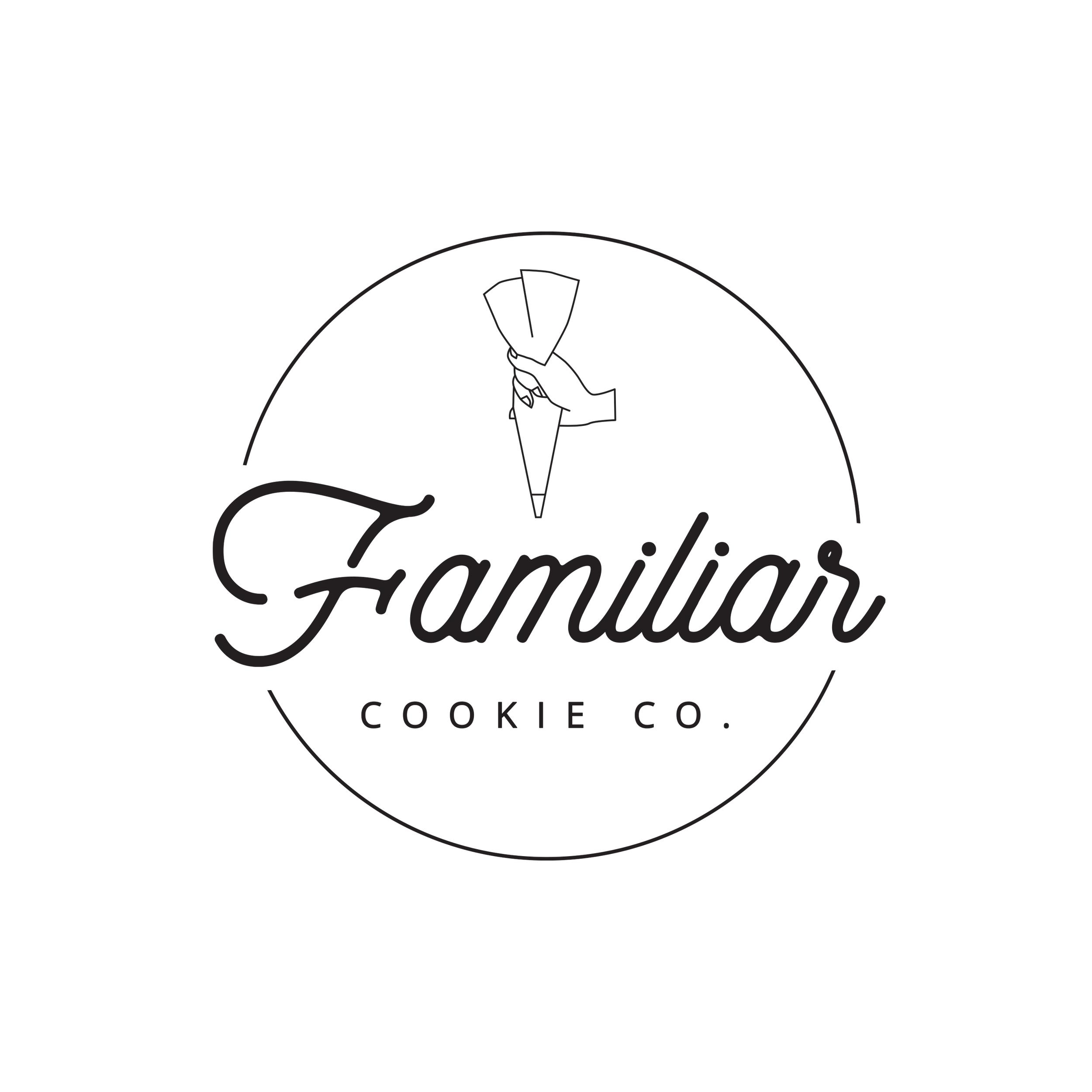 Black and white logo for FAMILIAR COOKIE CO. featuring a hand holding a sliced cookie cone over a circular outline.