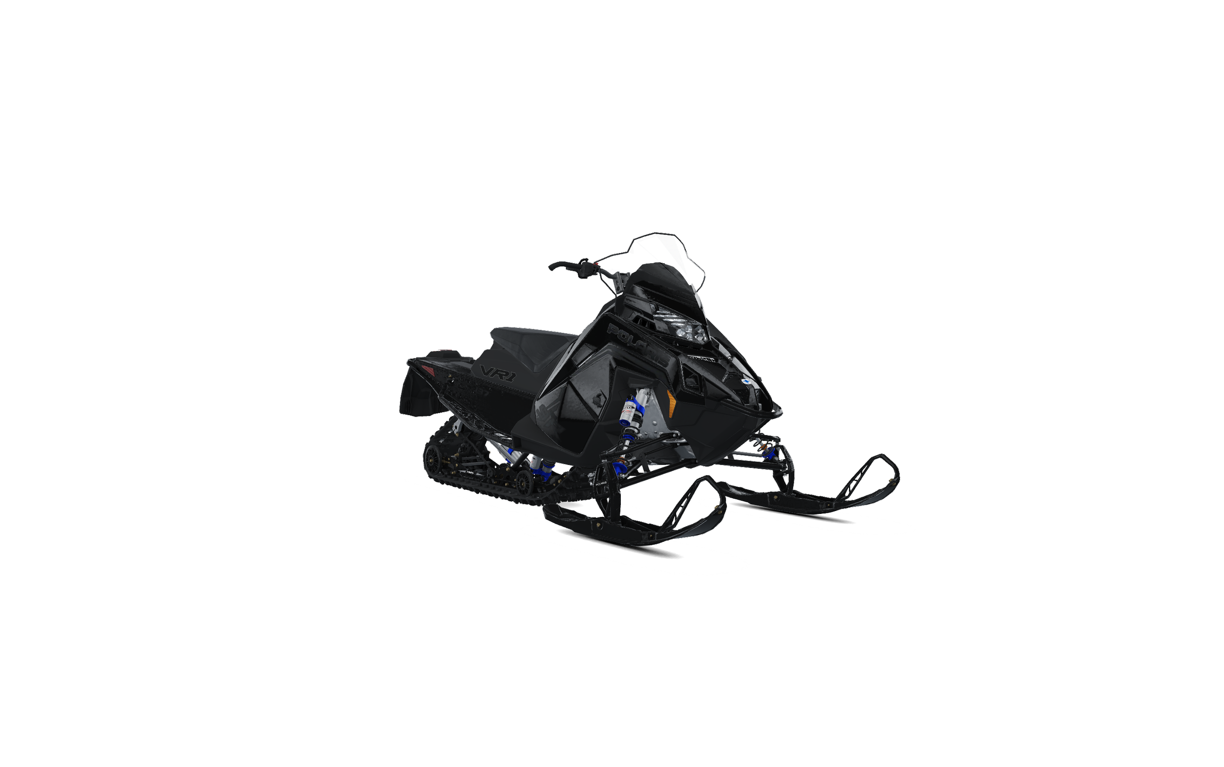 Black snowmobile with a transparent windshield, snow skis, and suspensions in front, set against a black background.