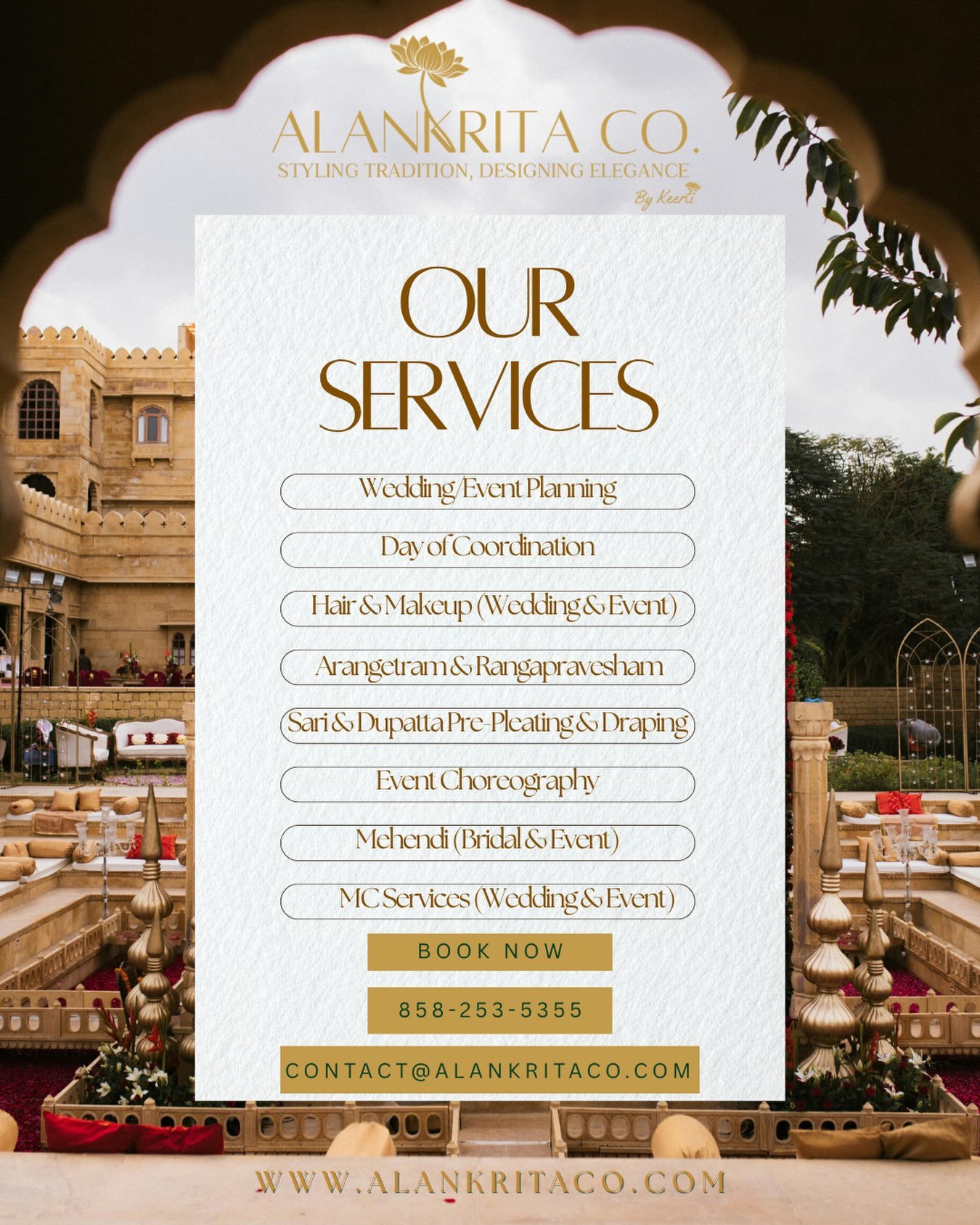 Alankrita Co. by Keerti is your all-in-one destination for Event Planning, Day of Coordination, Event and Bharatanatyam Hair &amp; Makeup, Choreography (parties or weddings), Mehendi, and Sari Pleating &amp; Draping. Every service is crafted with a d