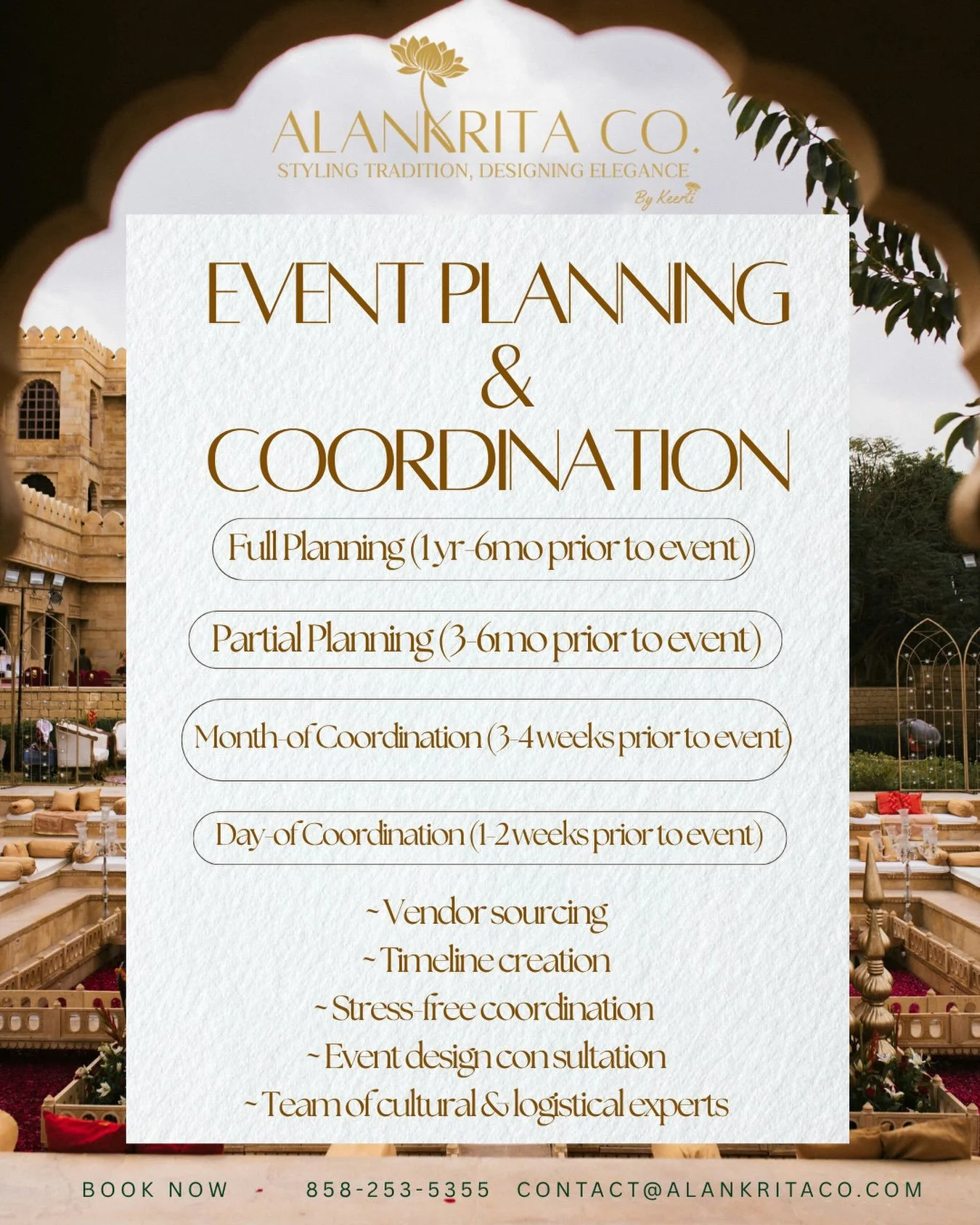 Alankrita Co. offers full event planning and coordination, tailored to exactly how much support you need and when you need it.

🤍 Full Planning (1 year to 6 months prior)
🤍 Partial Planning (3 to 6 months prior)
🤍 Month-of Coordination (3-4 weeks 