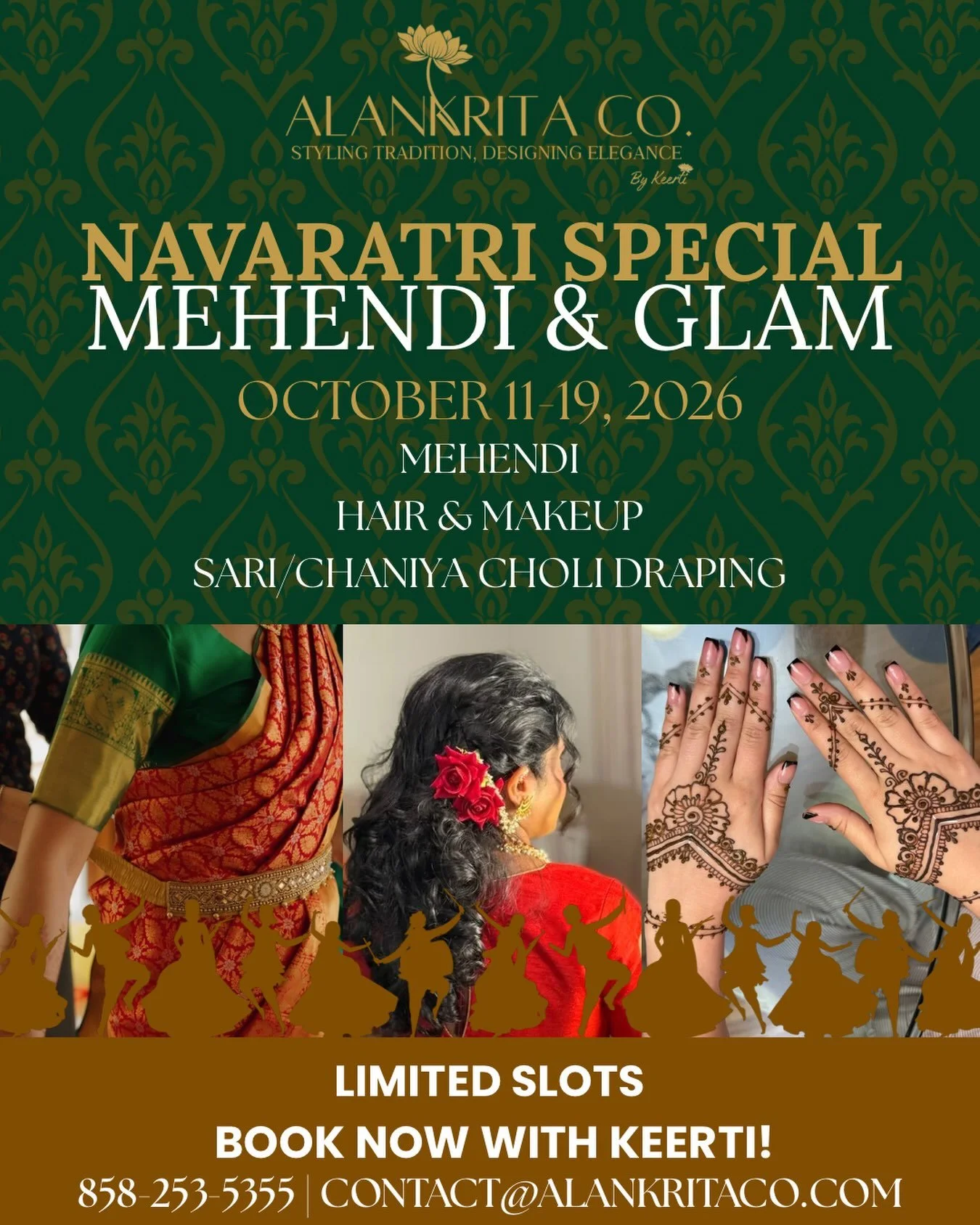 Navaratri season calls for nine nights of color, rhythm, and radiance ✨

This year, Alankrita Co. is your one-stop glam and drape destination: mehendi, hair &amp; makeup, and sari/chaniya choli draping (with pre-pleating available) &mdash; all under 