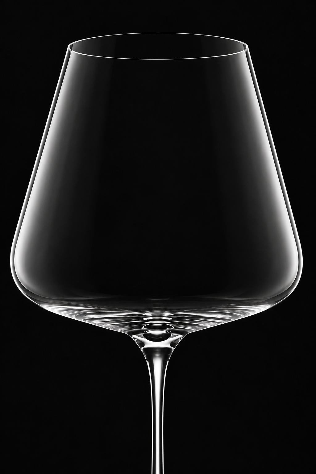 Close-up detail of the Burgundy wine glass rim, bowl and stem junction against charcoal.