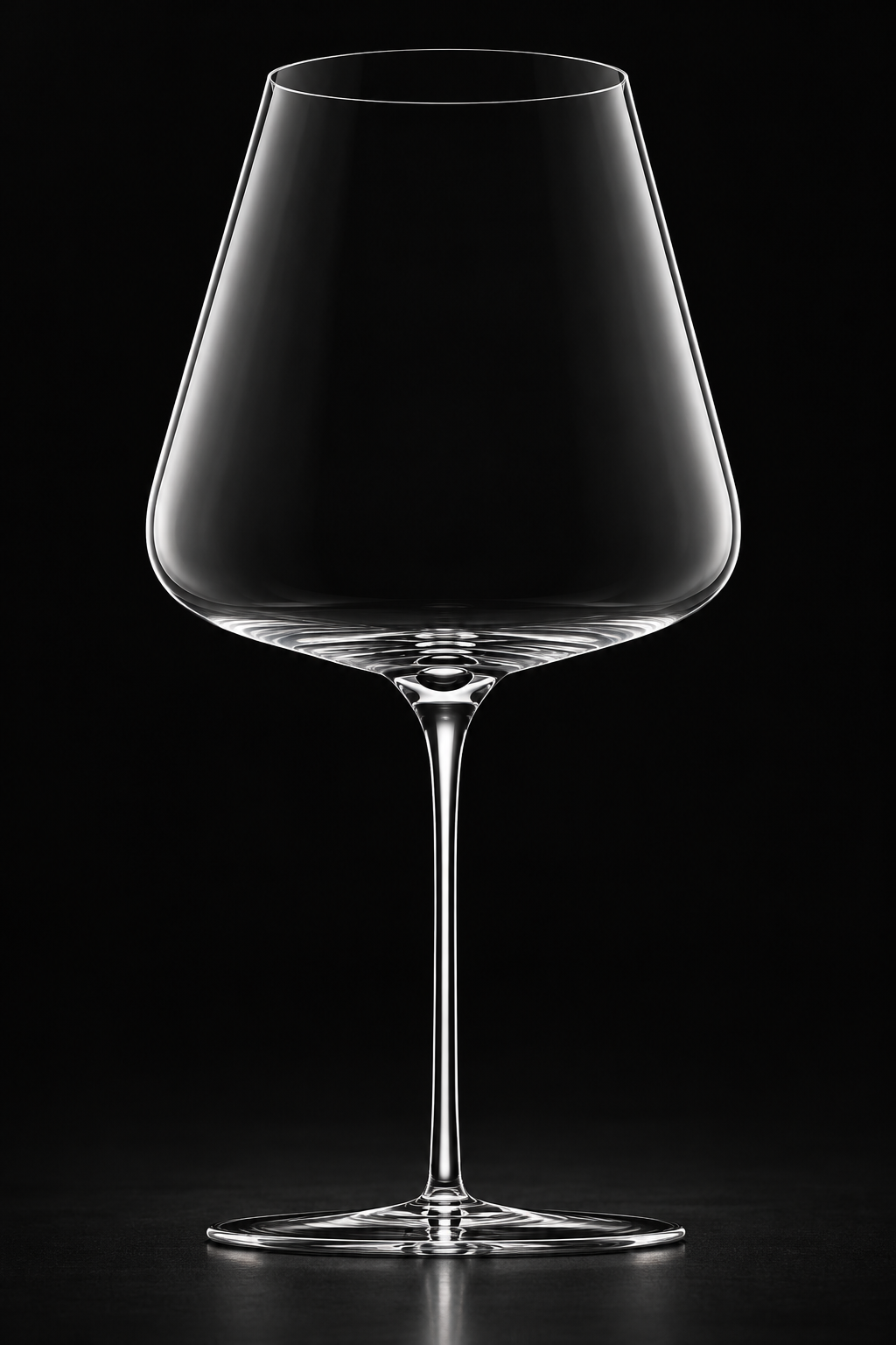 Clear handblown Burgundy wine glass in a charcoal studio setting, sold as a gift set of two.