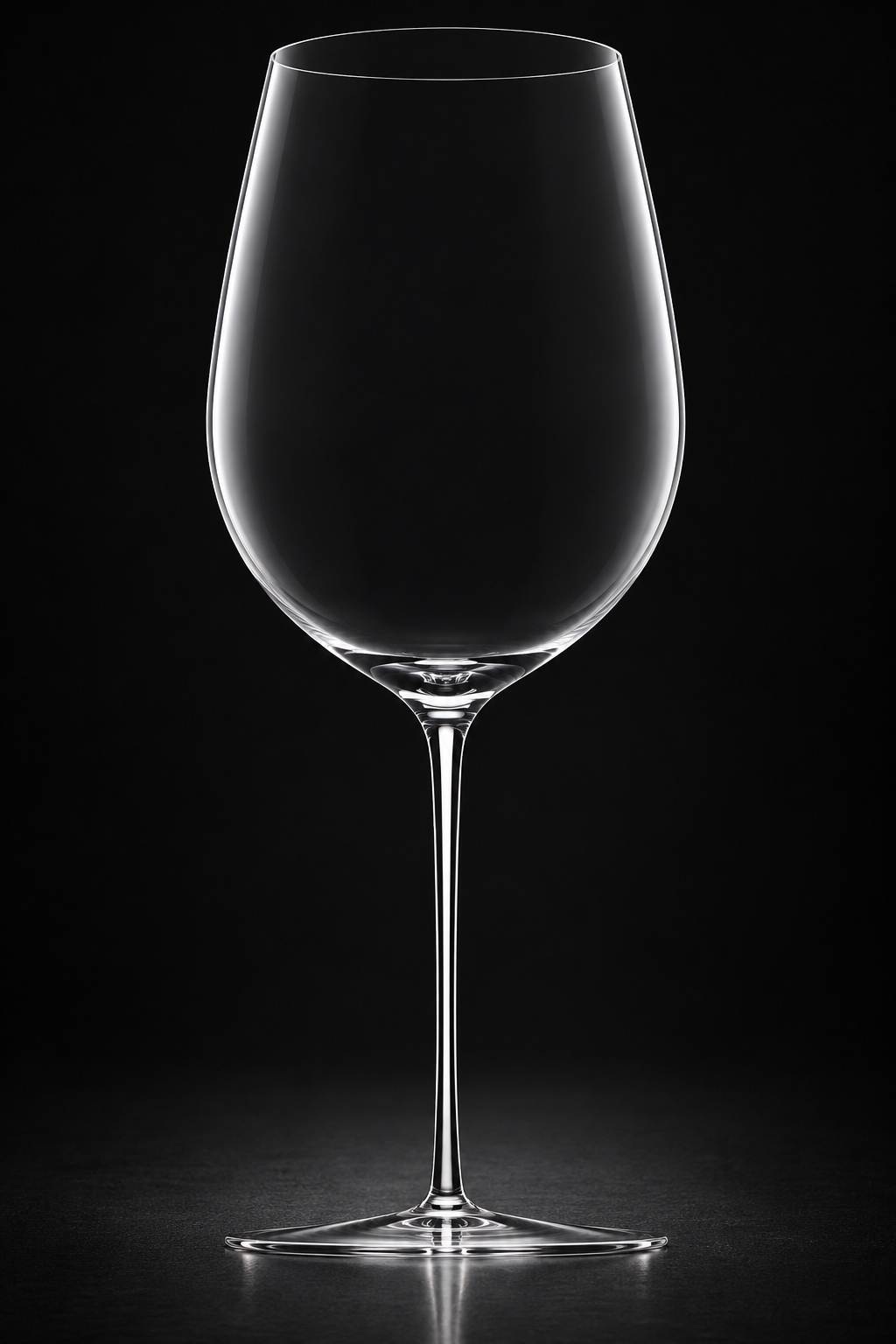 Clear long-stemmed wine glass in a charcoal studio setting.