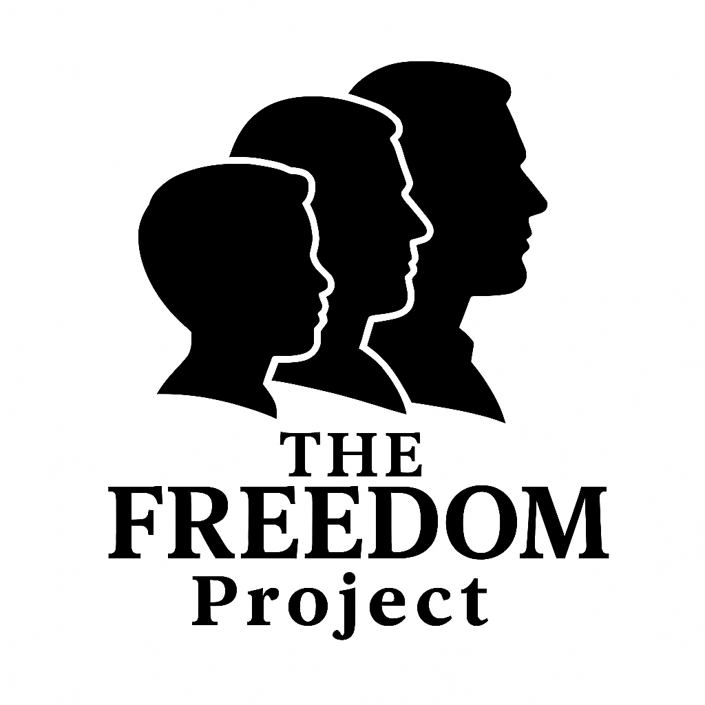 Silhouettes of three people of different ages and genders facing right, with the words "The Freedom Project" underneath.